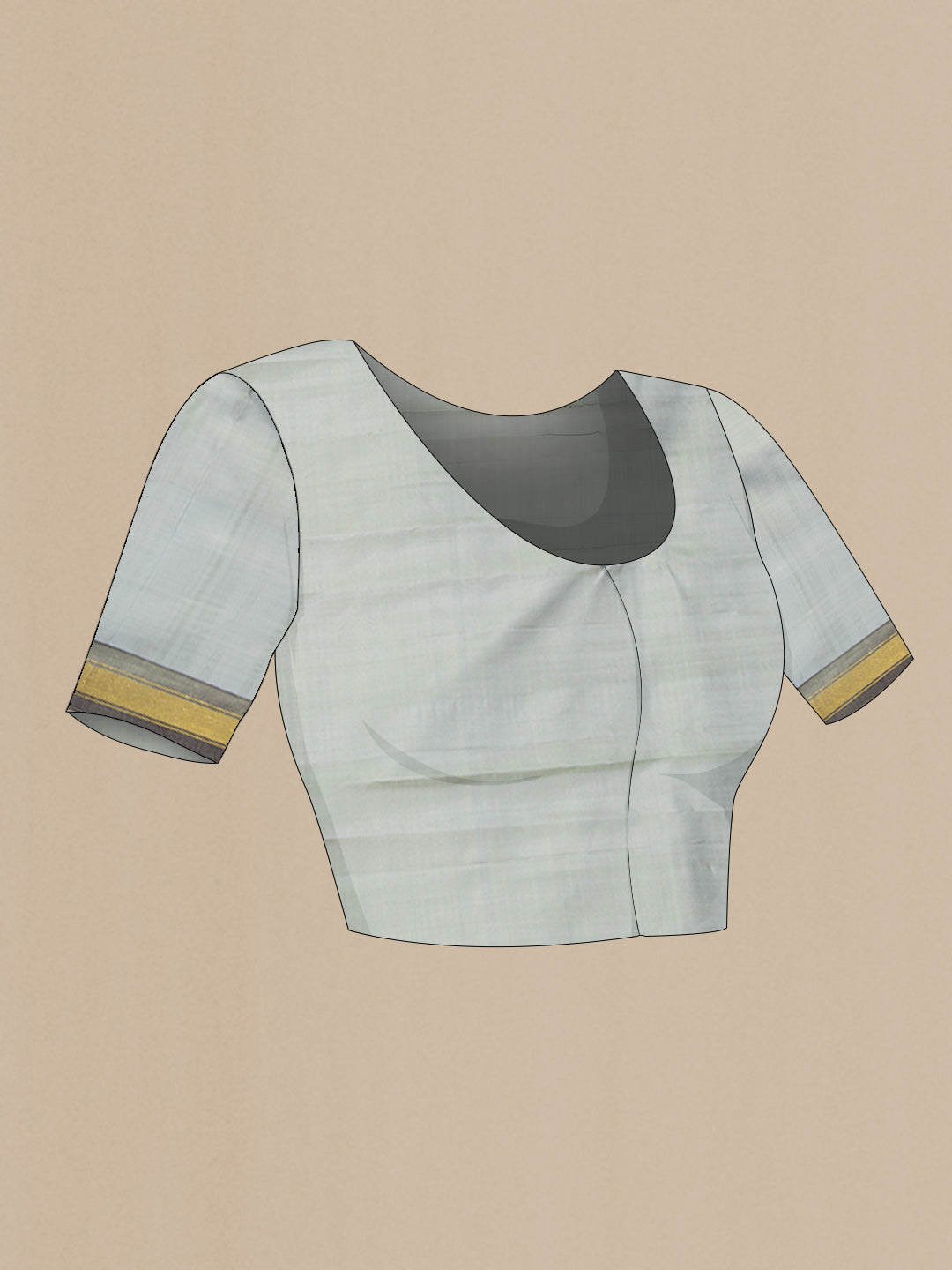 Close up image of the blouse of Grey Dual Tone Kanchipuram Saree with Plain Body and Zari Border. 