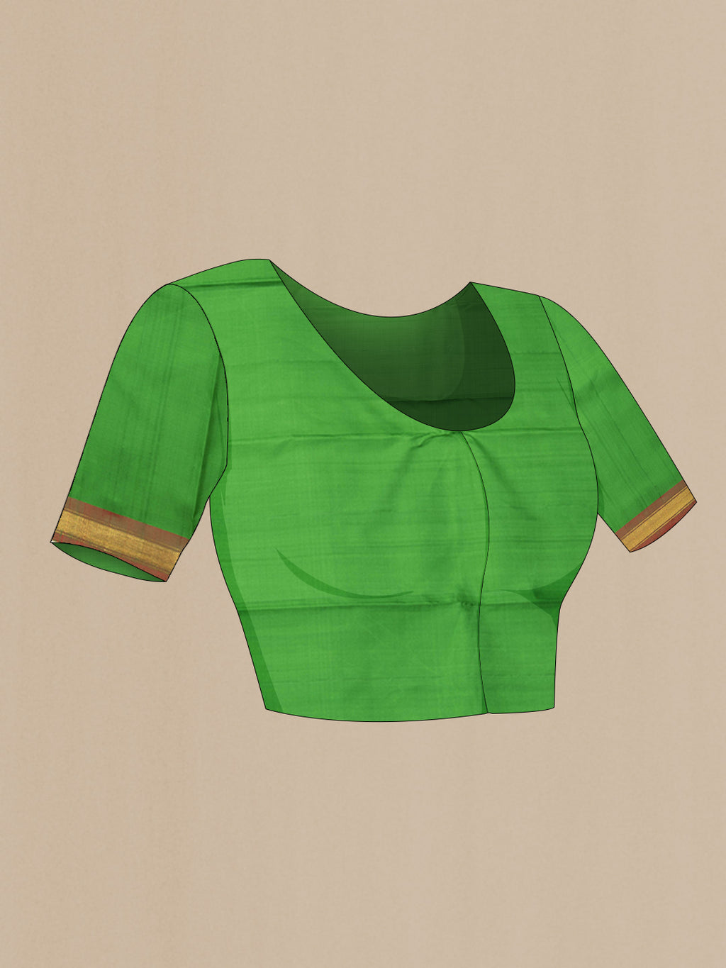 Close up image of the blouse of Parrot Green Dual Tone Kanchipuram Saree with Plain Body and Zari Border. 