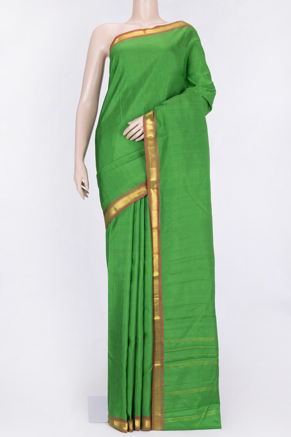 Parrot Green Dual Tone Kanchipuram Saree with Plain Body and Zari Border.  displayed on a mannequin