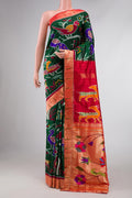 Pure Silk Pure Zari Green Dual Tone Double Ikat Saree with Zari Brocade on the body and Paithani Border displayed on a mannequin