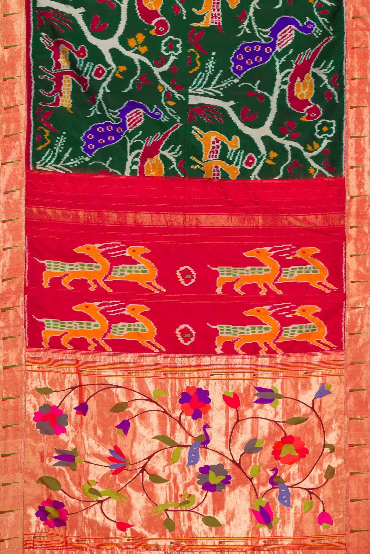 Flat view of Pure Silk Pure Zari Green Dual Tone Double Ikat Saree with Zari Brocade on the body and Paithani Border