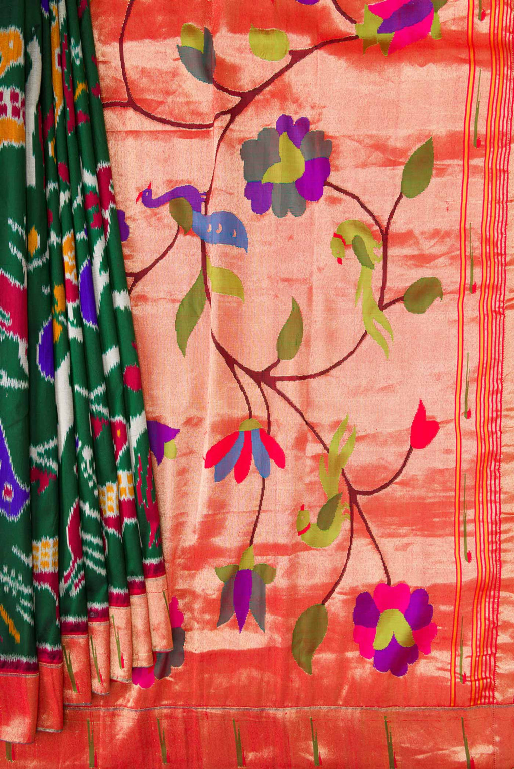 Pleats and pallu of Pure Silk Pure Zari Green Dual Tone Double Ikat Saree with Zari Brocade on the body and Paithani Border
