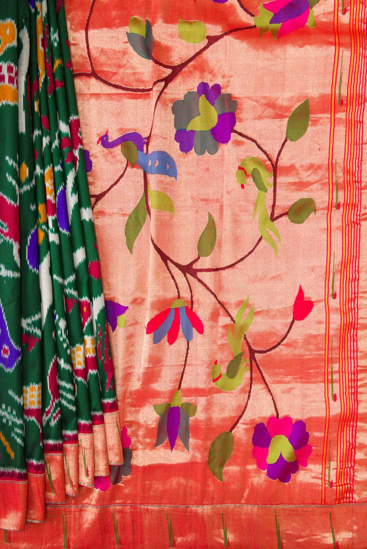 Pleats and pallu of Pure Silk Pure Zari Green Dual Tone Double Ikat Saree with Zari Brocade on the body and Paithani Border