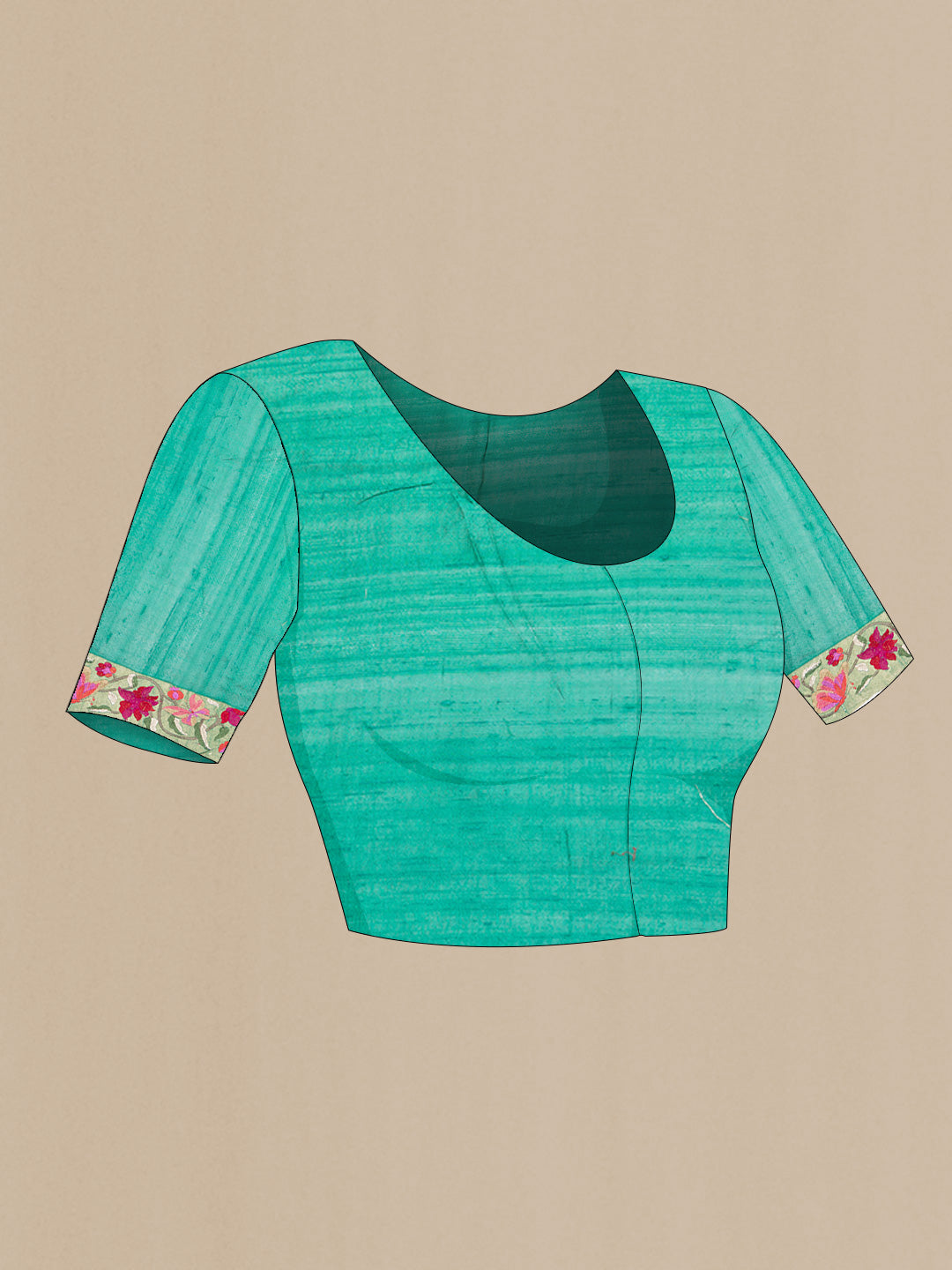 Close up image of the blouse of Green Tussar Silk Saree with Embroidery on the body and Embroidery Border