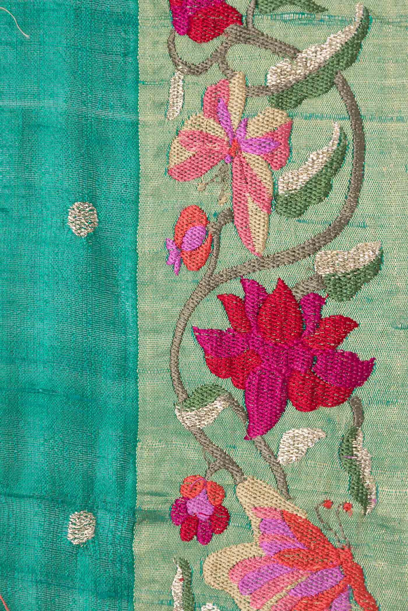 Border image of Green Tussar Silk Saree with Embroidery on the body and Embroidery Border