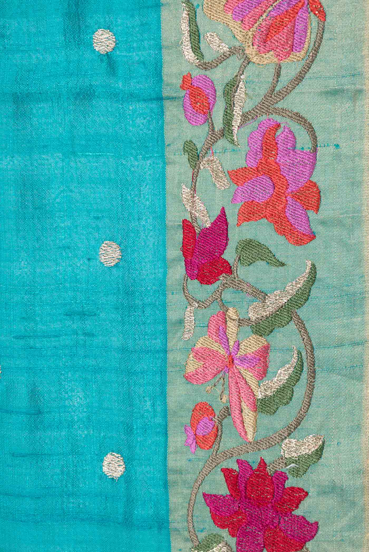 Border image of Blue Tussar Silk Saree with Embroidery on the body and Embroidery Border