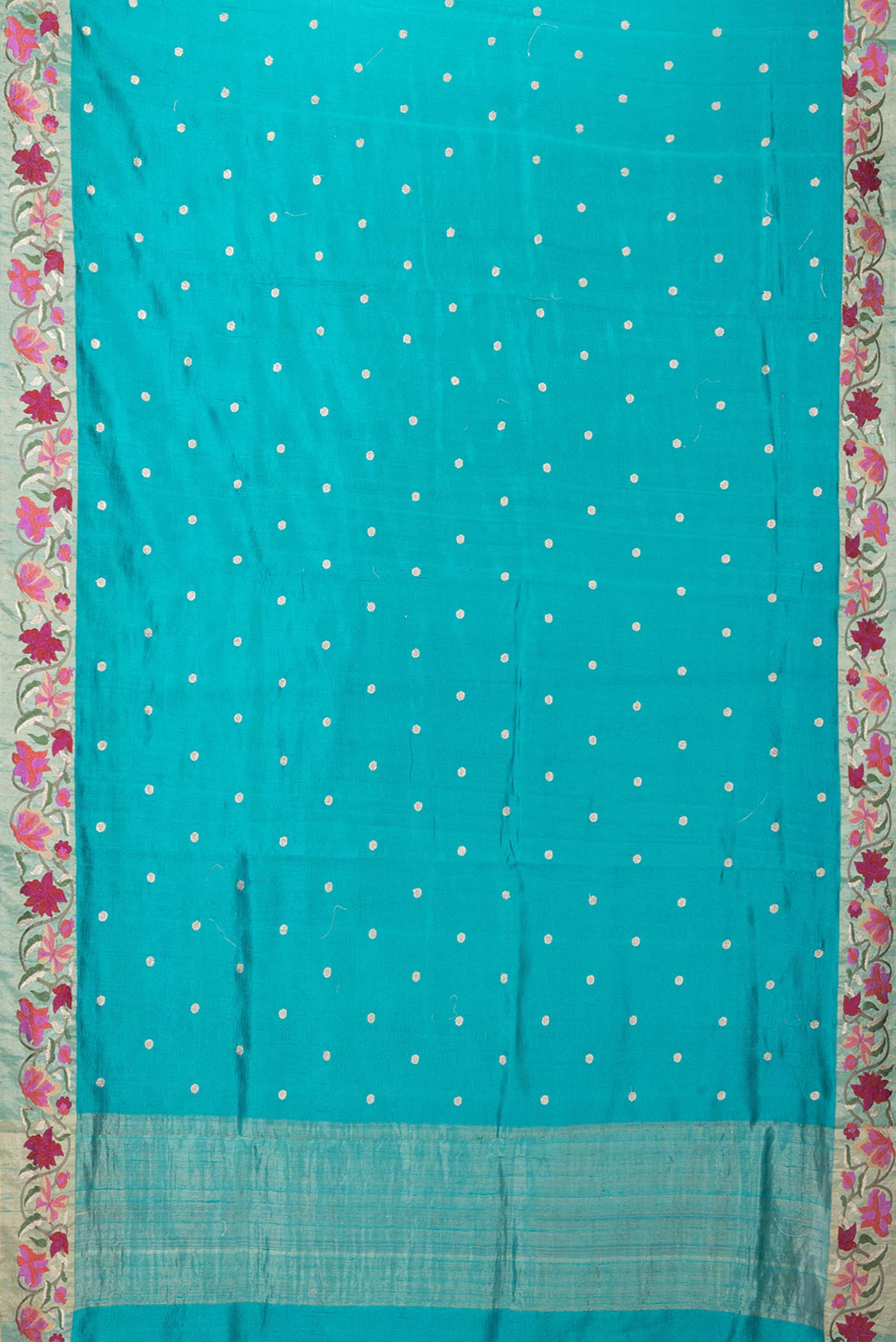 Flat view of Blue Tussar Silk Saree with Embroidery on the body and Embroidery Border