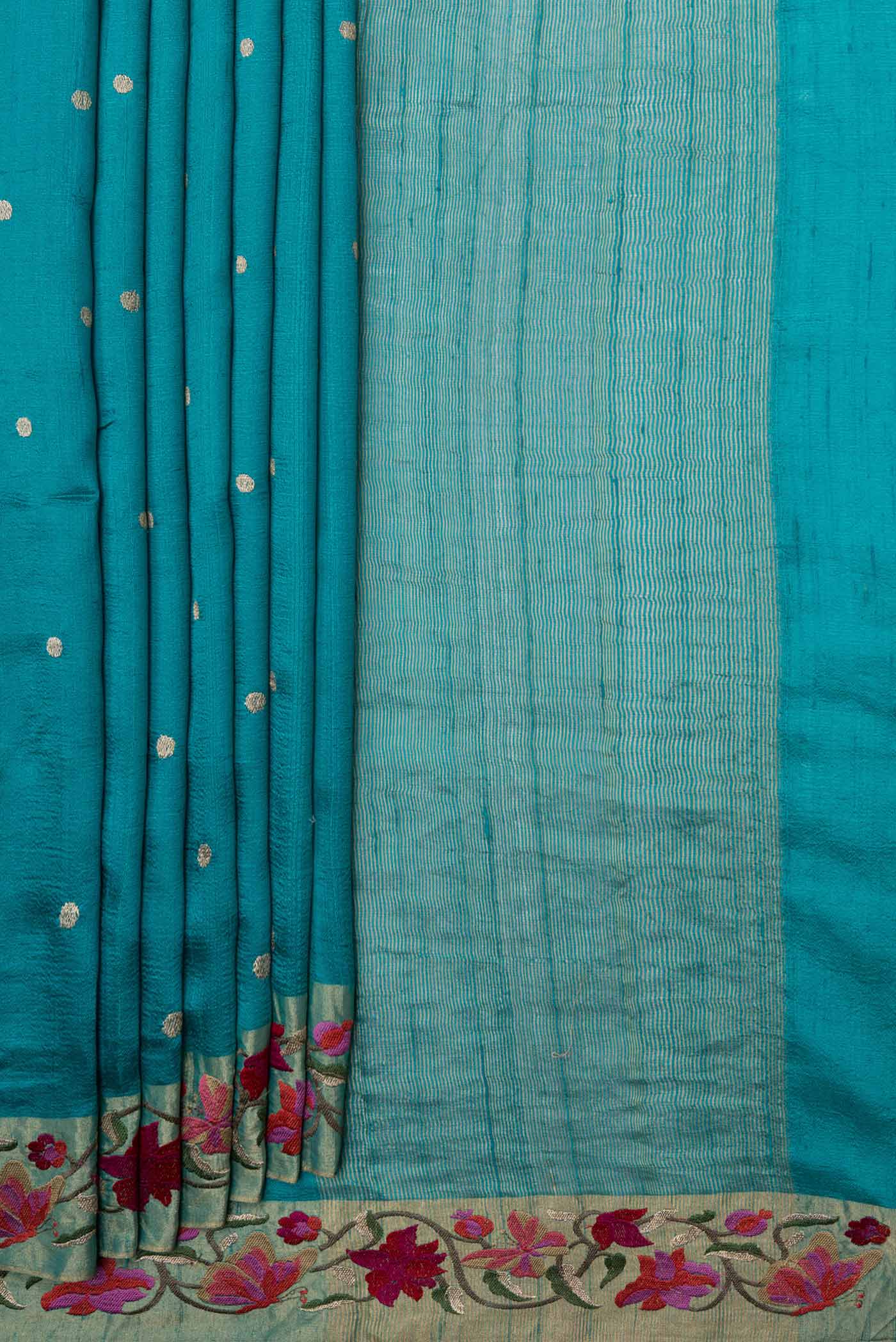 Pleats and pallu of Blue Tussar Silk Saree with Embroidery on the body and Embroidery Border