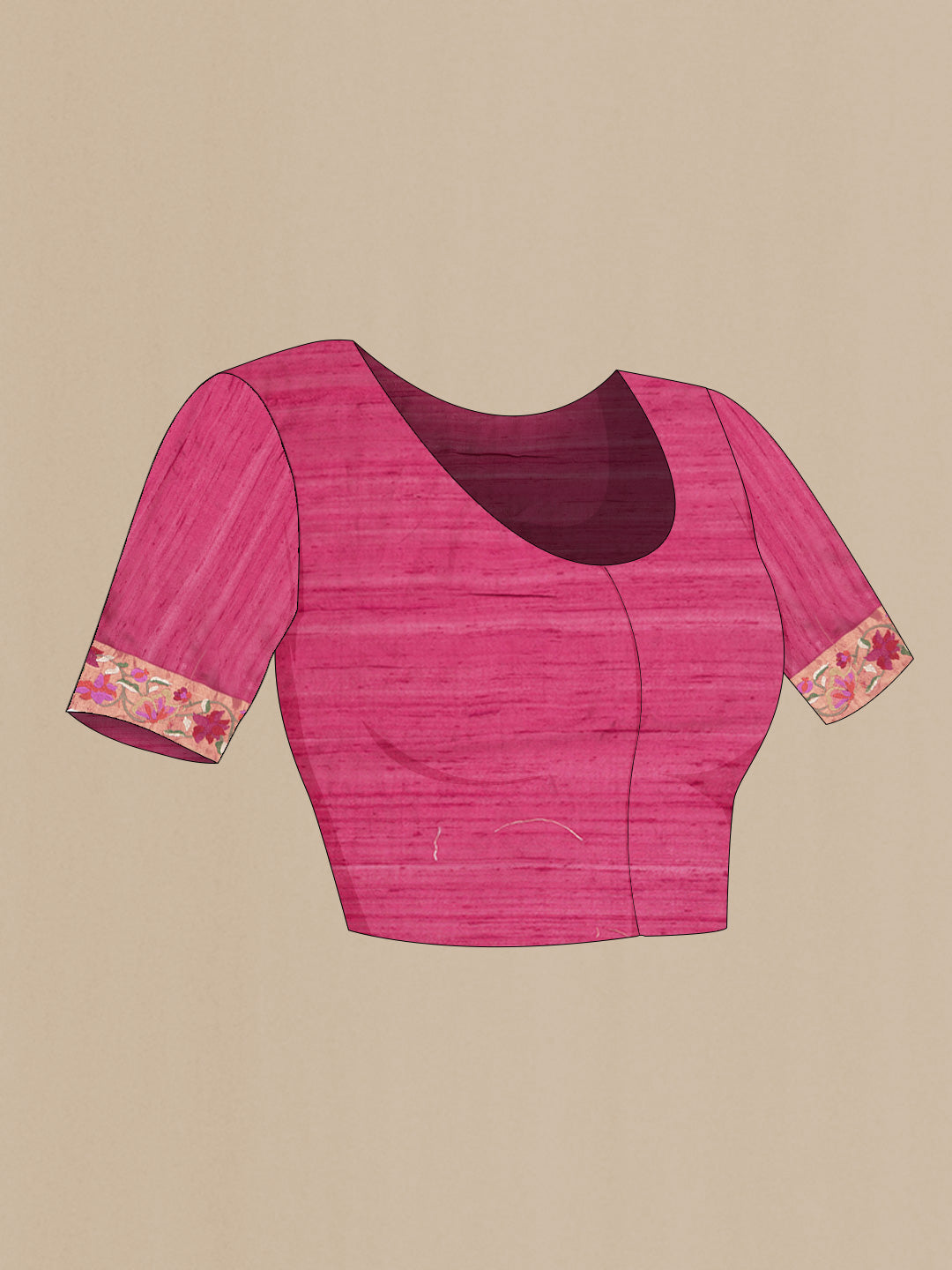 Close up image of the blouse of Maroon Dual Tone Tussar Saree with Zari Butta on the body and Embroidery Border