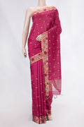 Maroon Dual Tone Tussar Saree with Zari Butta on the body and Embroidery Border displayed on a mannequin