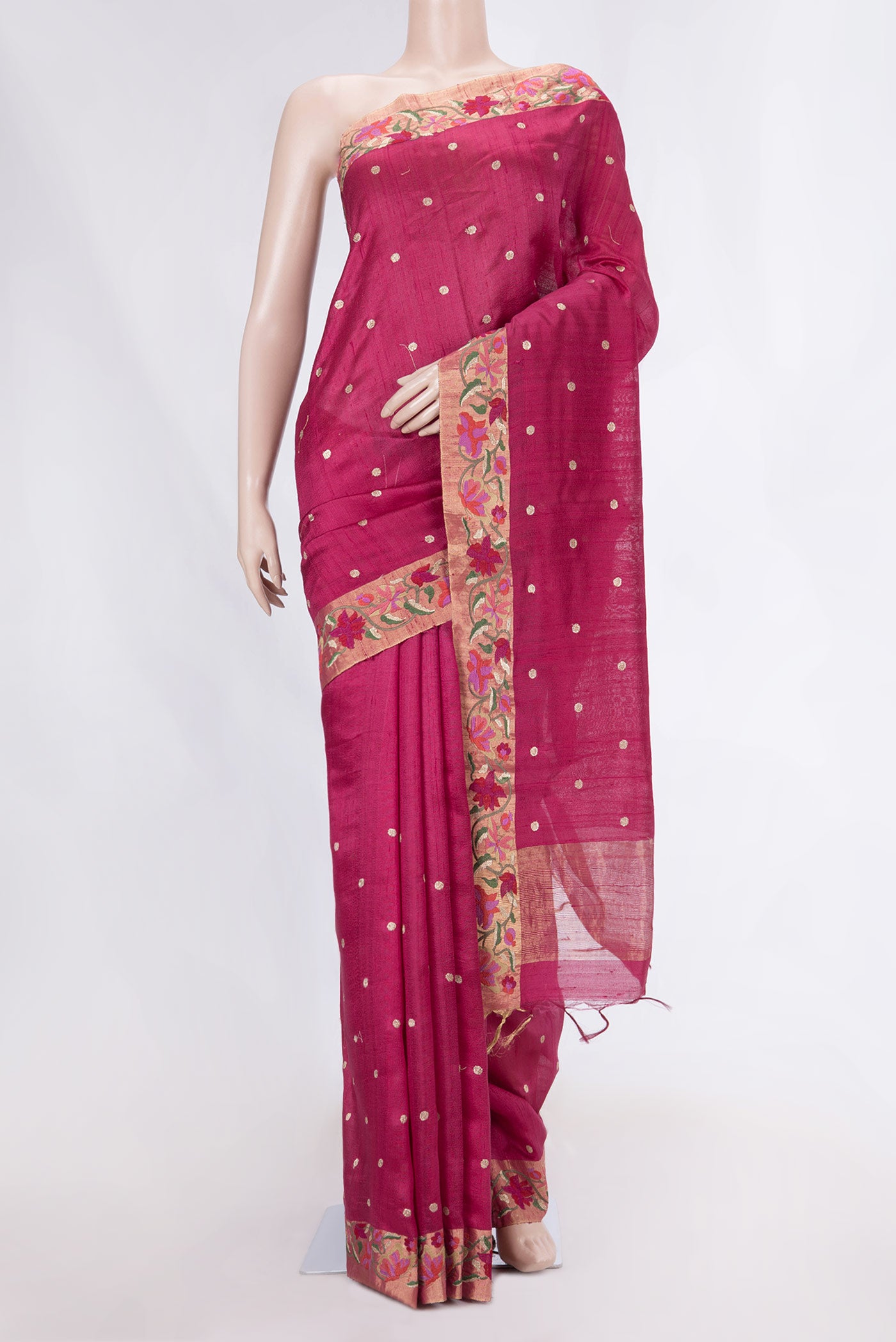 Maroon Dual Tone Tussar Saree with Zari Butta on the body and Embroidery Border displayed on a mannequin