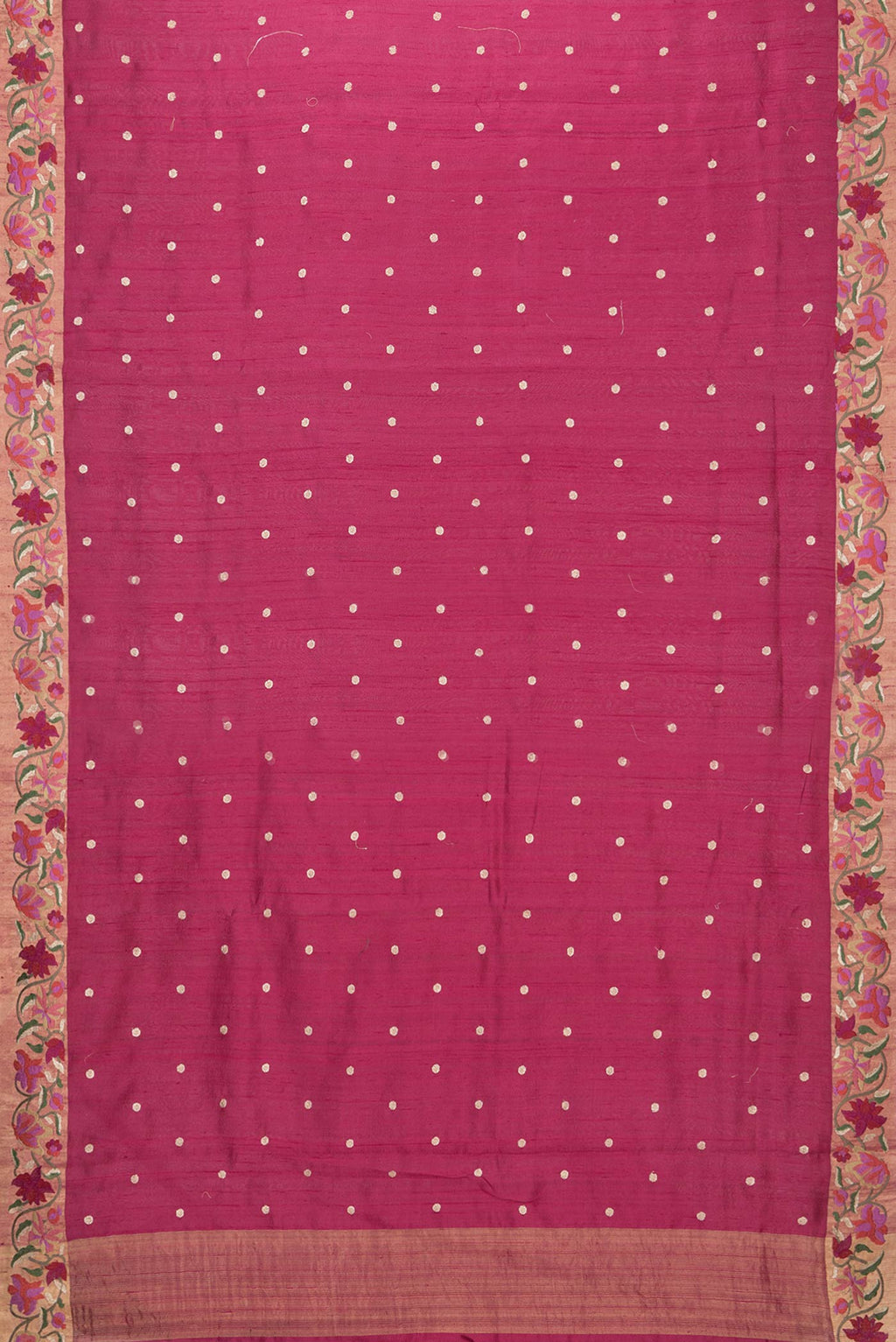 Flat view of Maroon Dual Tone Tussar Saree with Zari Butta on the body and Embroidery Border
