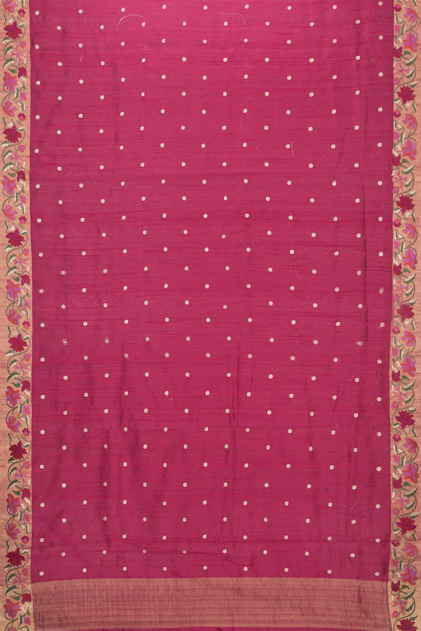 Flat view of Maroon Dual Tone Tussar Saree with Zari Butta on the body and Embroidery Border