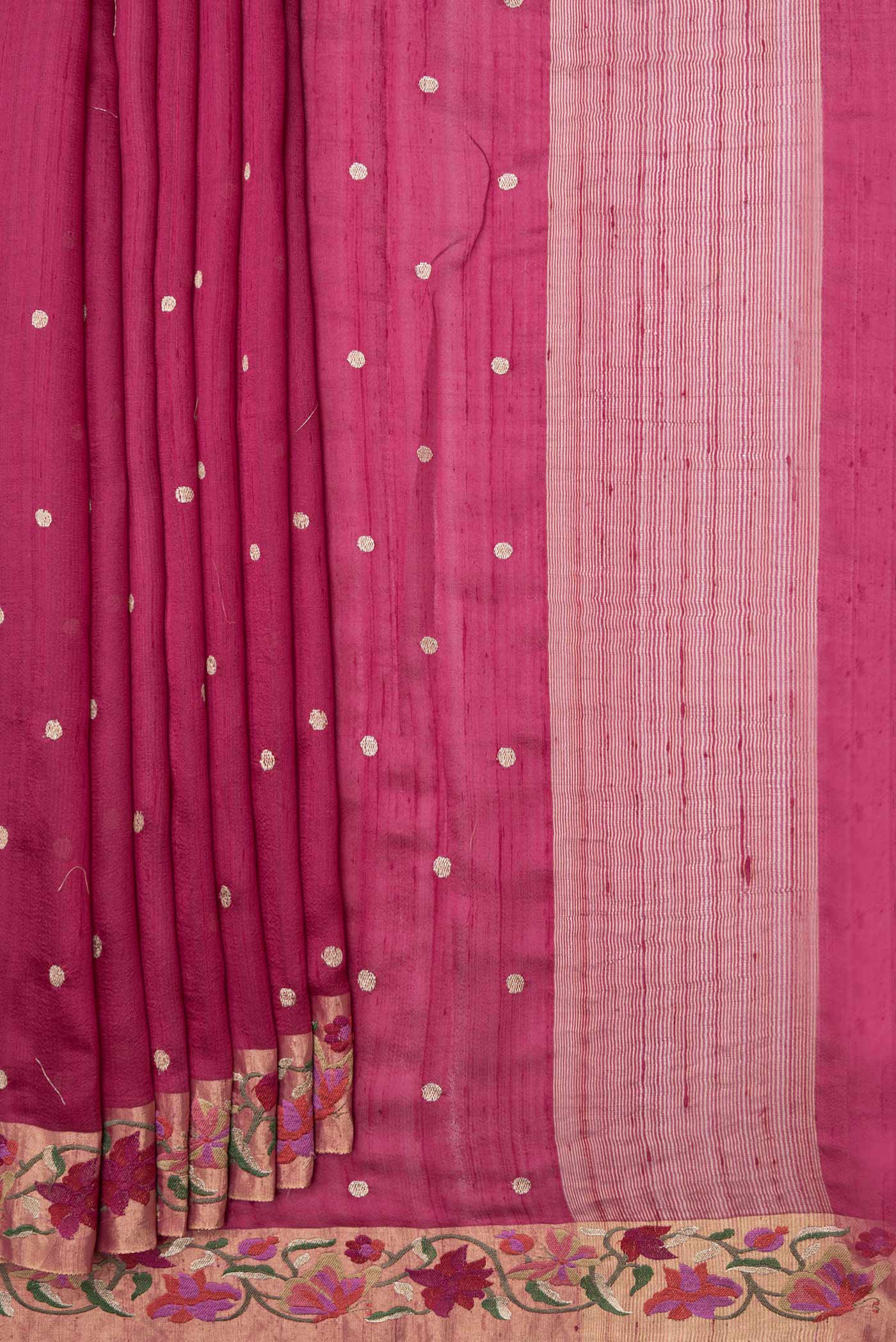 Pleats and pallu of Maroon Dual Tone Tussar Saree with Zari Butta on the body and Embroidery Border