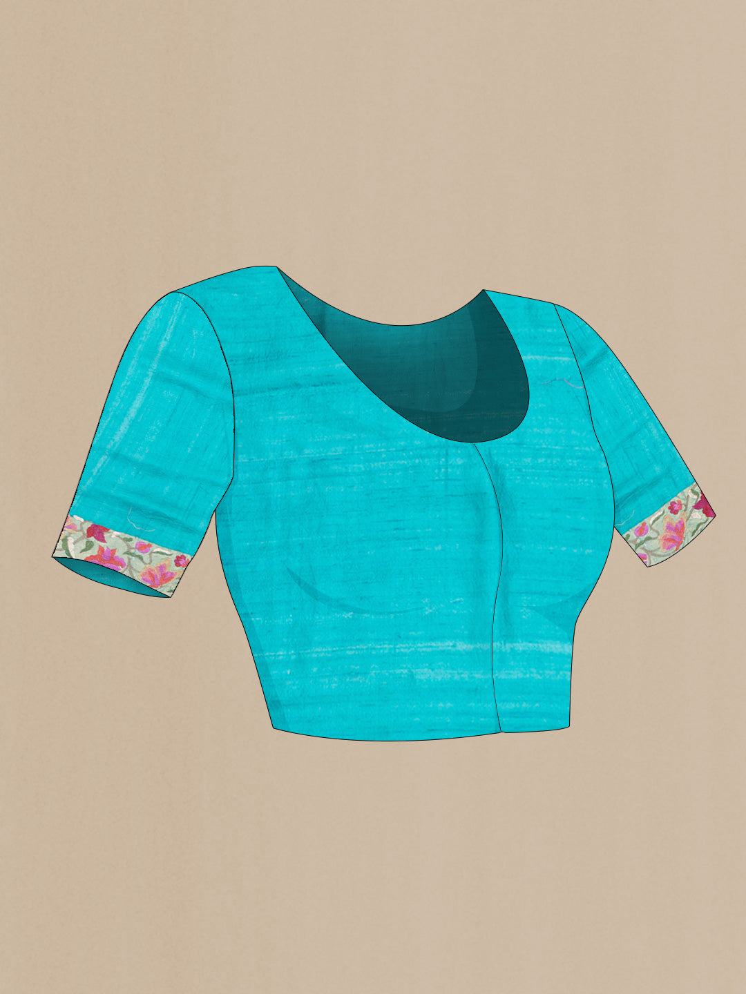 Close up image of the blouse of Sky Blue Dual Tone Tussar Saree with Zari Butta on the body and Embroidery Border