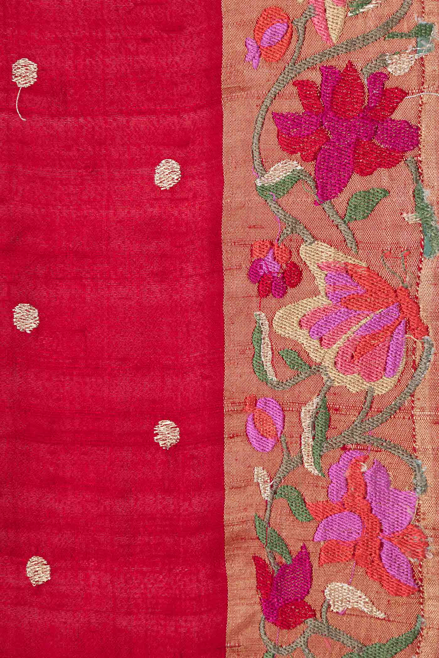 Border image of Red Tussar Silk Saree with Embroidery on the body and Embroidery Border