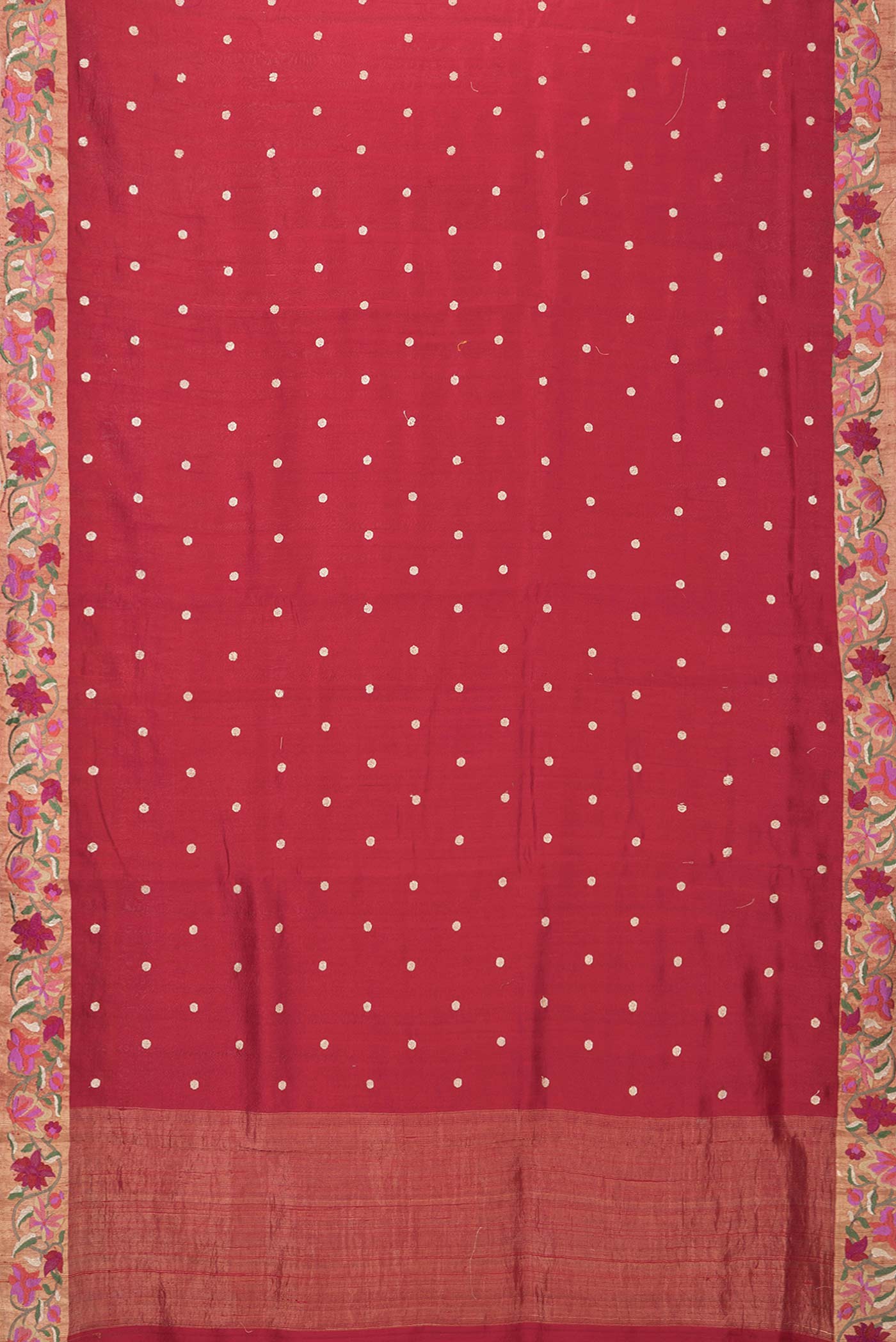 Flat view of Red Tussar Silk Saree with Embroidery on the body and Embroidery Border