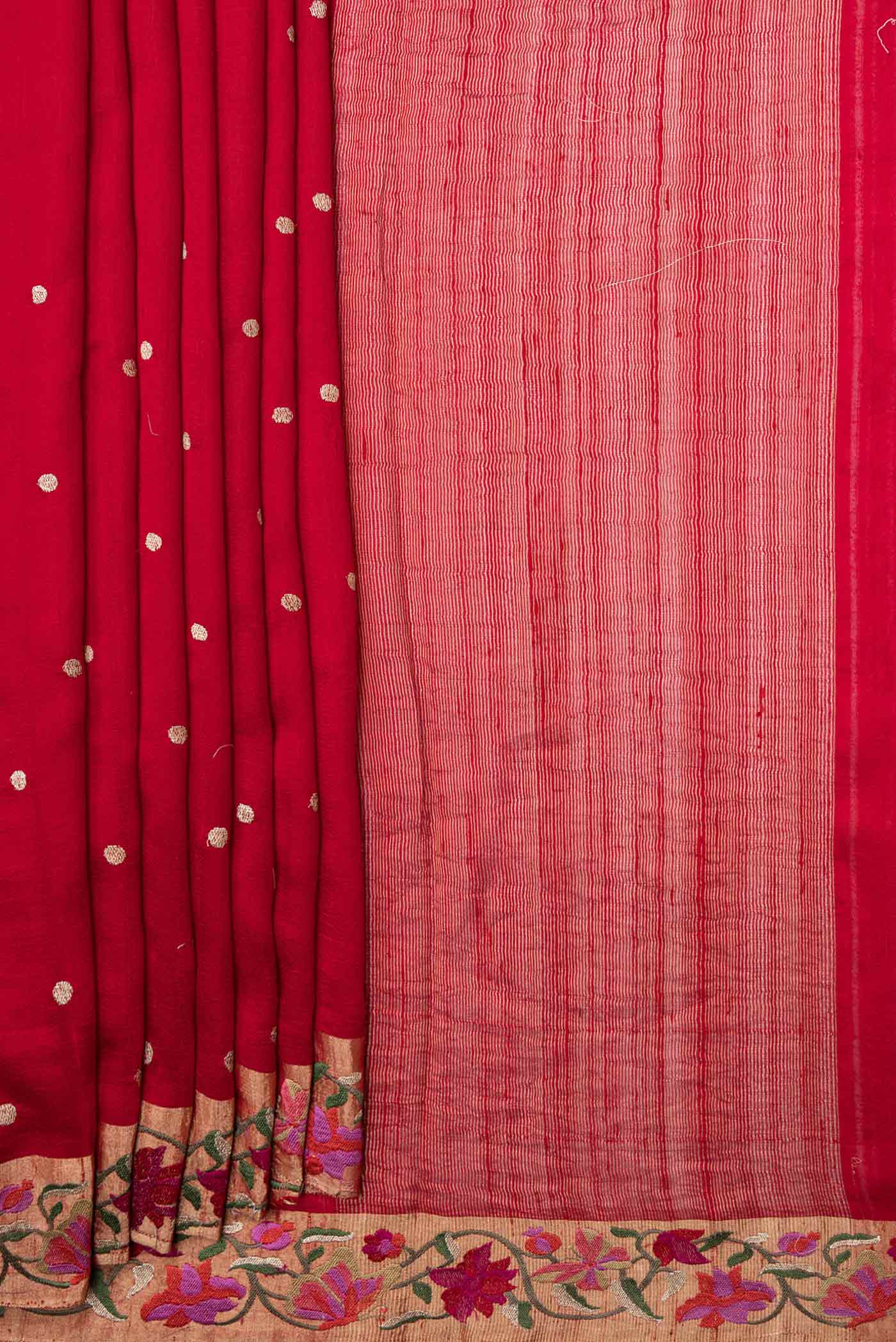 Pleats and pallu of Red Tussar Silk Saree with Embroidery on the body and Embroidery Border