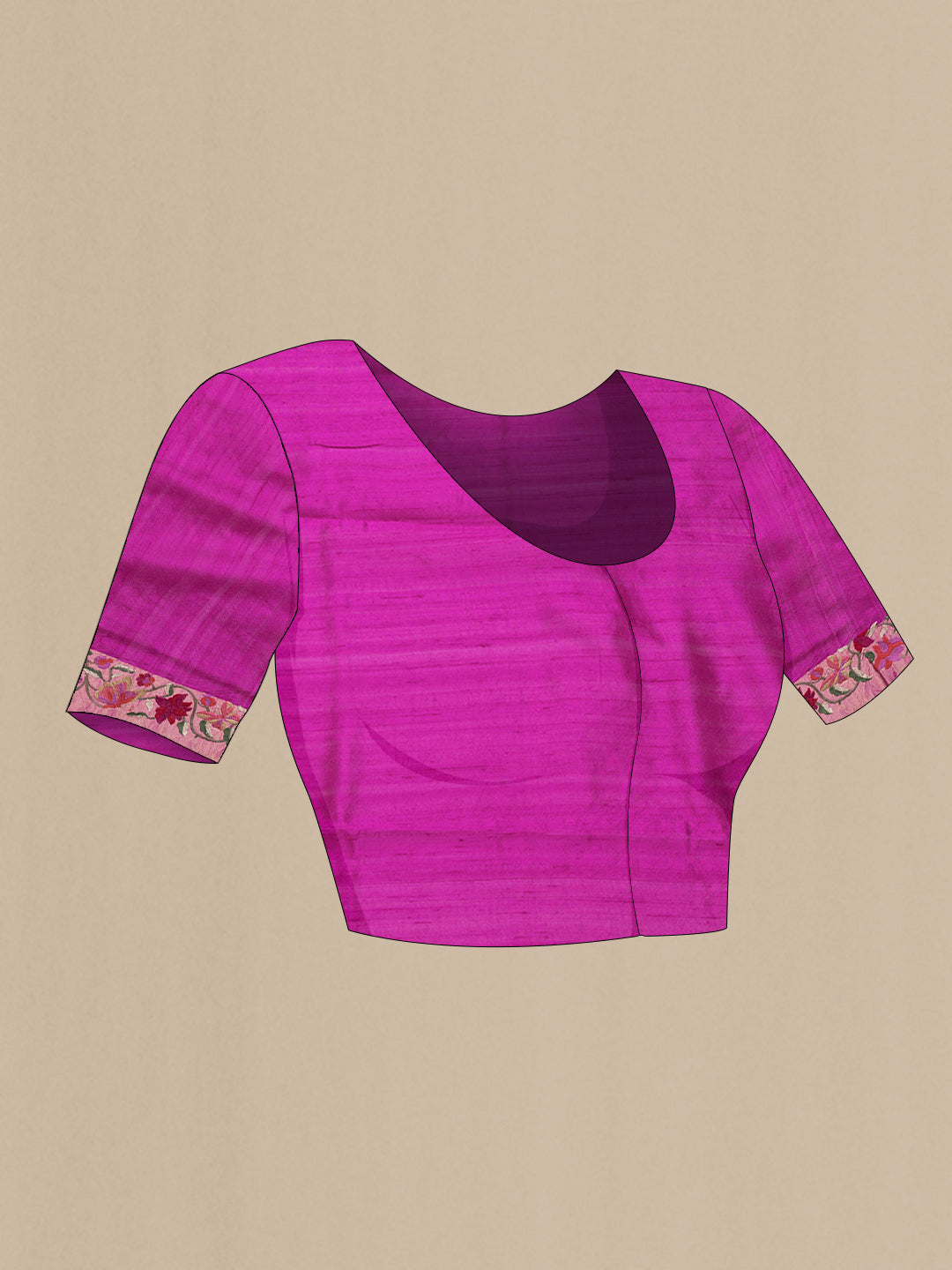Close up image of the blouse of Magenta Dual Tone Tussar Silk Saree with Zari Butta on the body and Embroidery Border. 