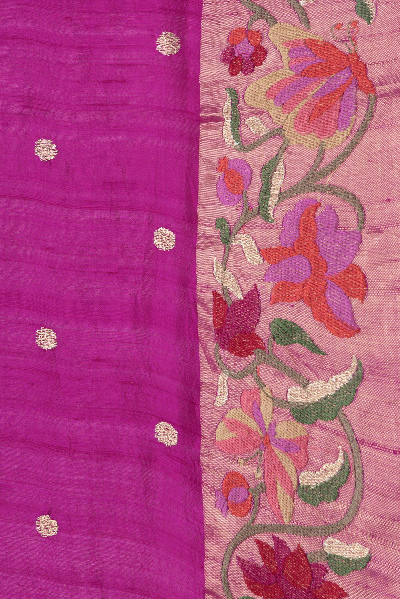 Border image of Magenta Dual Tone Tussar Silk Saree with Zari Butta on the body and Embroidery Border. 