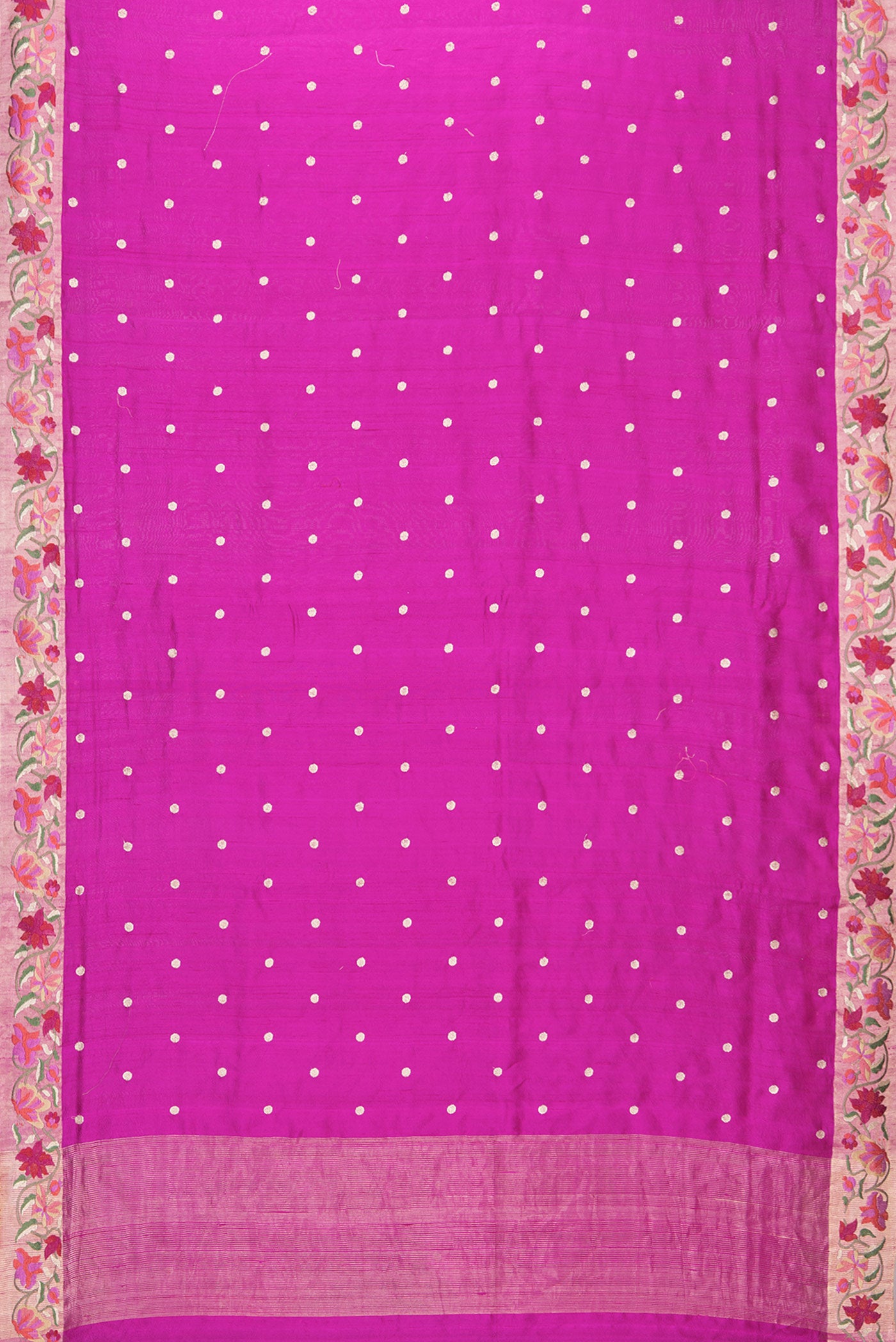 Flat view of Magenta Dual Tone Tussar Silk Saree with Zari Butta on the body and Embroidery Border. 