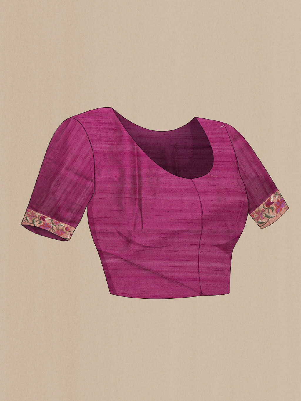 Close up image of the blouse of Purple Dual Tone Tussar Silk Saree with Zari Butta on the body and Zari And Thread Border. 