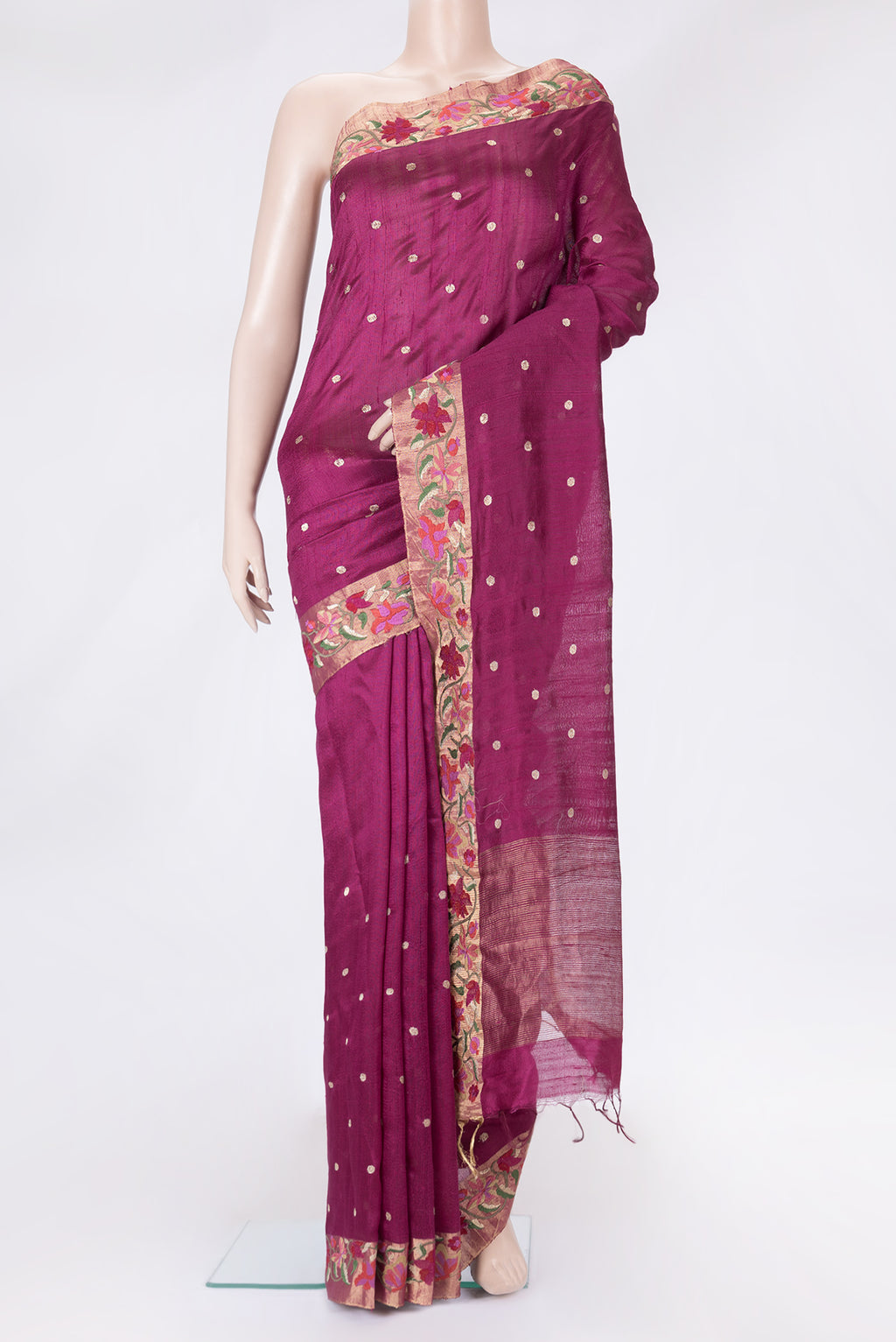 Purple Dual Tone Tussar Silk Saree with Zari Butta on the body and Zari And Thread Border.  displayed on a mannequin