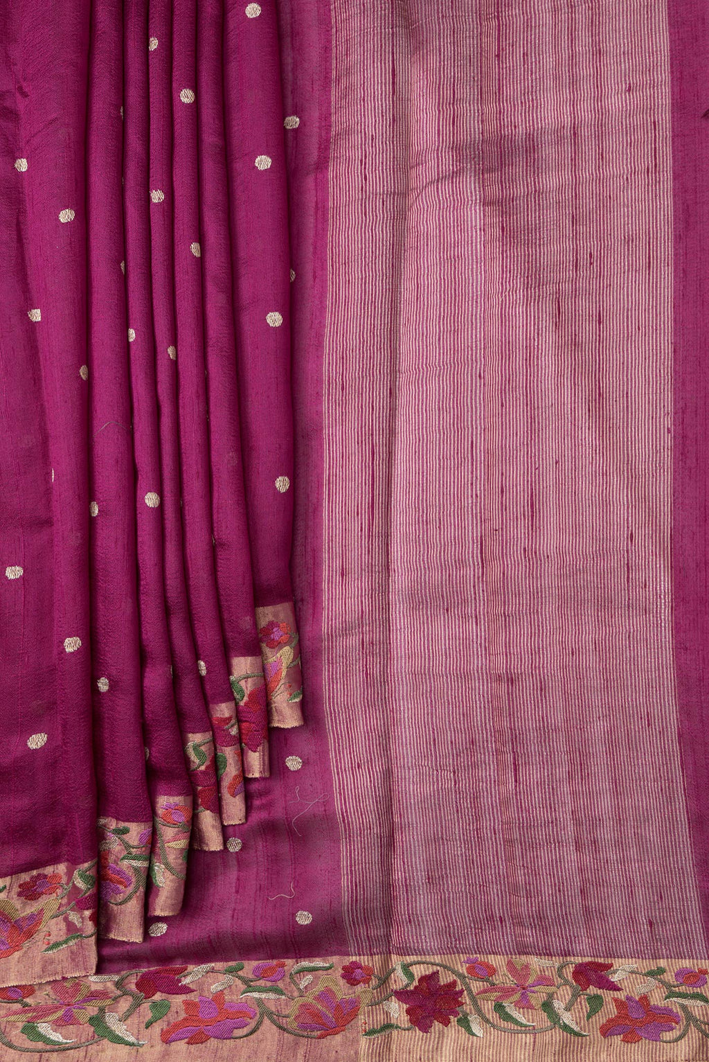 Pleats and pallu of Purple Dual Tone Tussar Silk Saree with Zari Butta on the body and Zari And Thread Border. 