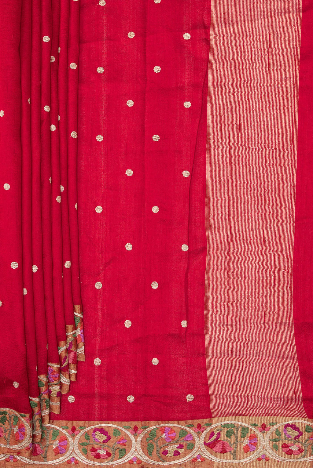 Pleats and pallu of Pure Silk Red Tussar Saree with Zari Butta on the body and Embroidery Border. 
