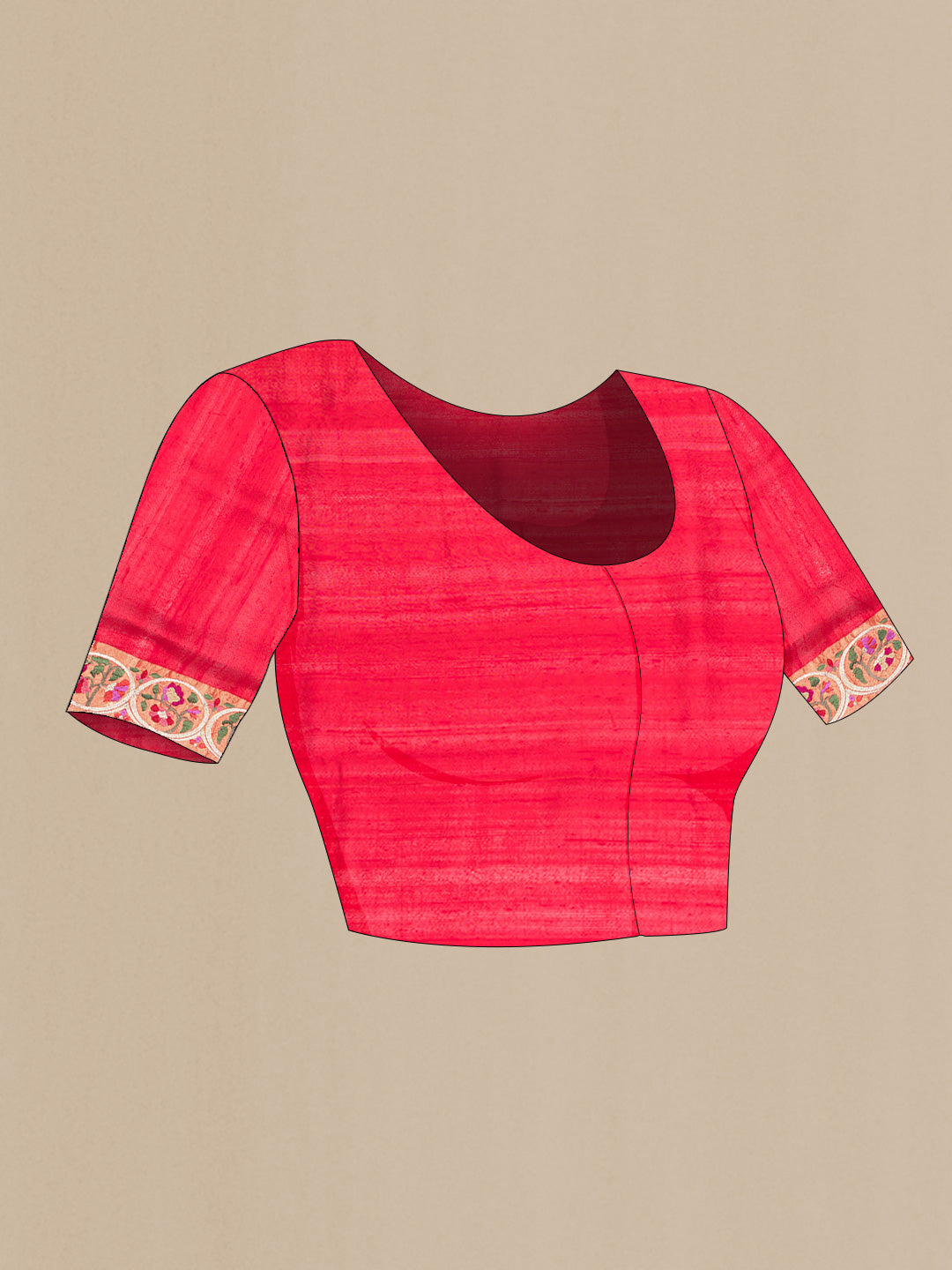 Close up image of the blouse of Red Dual Tone Tussar Saree with Zari Butta on the body and Embroidery Border