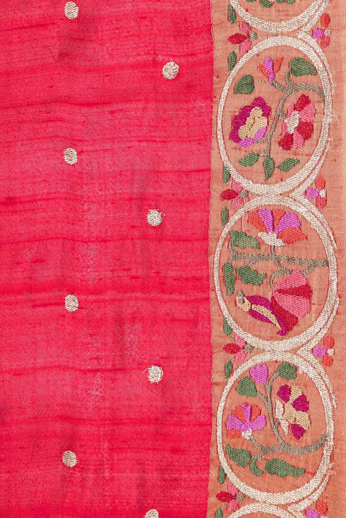 Border image of Red Dual Tone Tussar Saree with Zari Butta on the body and Embroidery Border