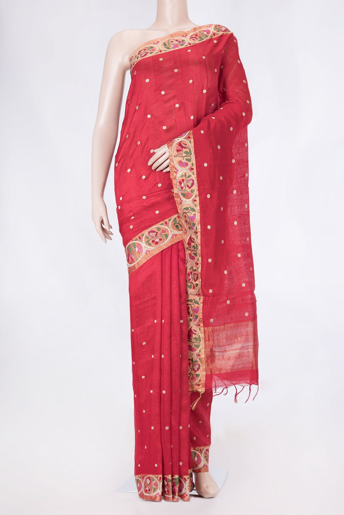 Red Dual Tone Tussar Saree with Zari Butta on the body and Embroidery Border displayed on a mannequin