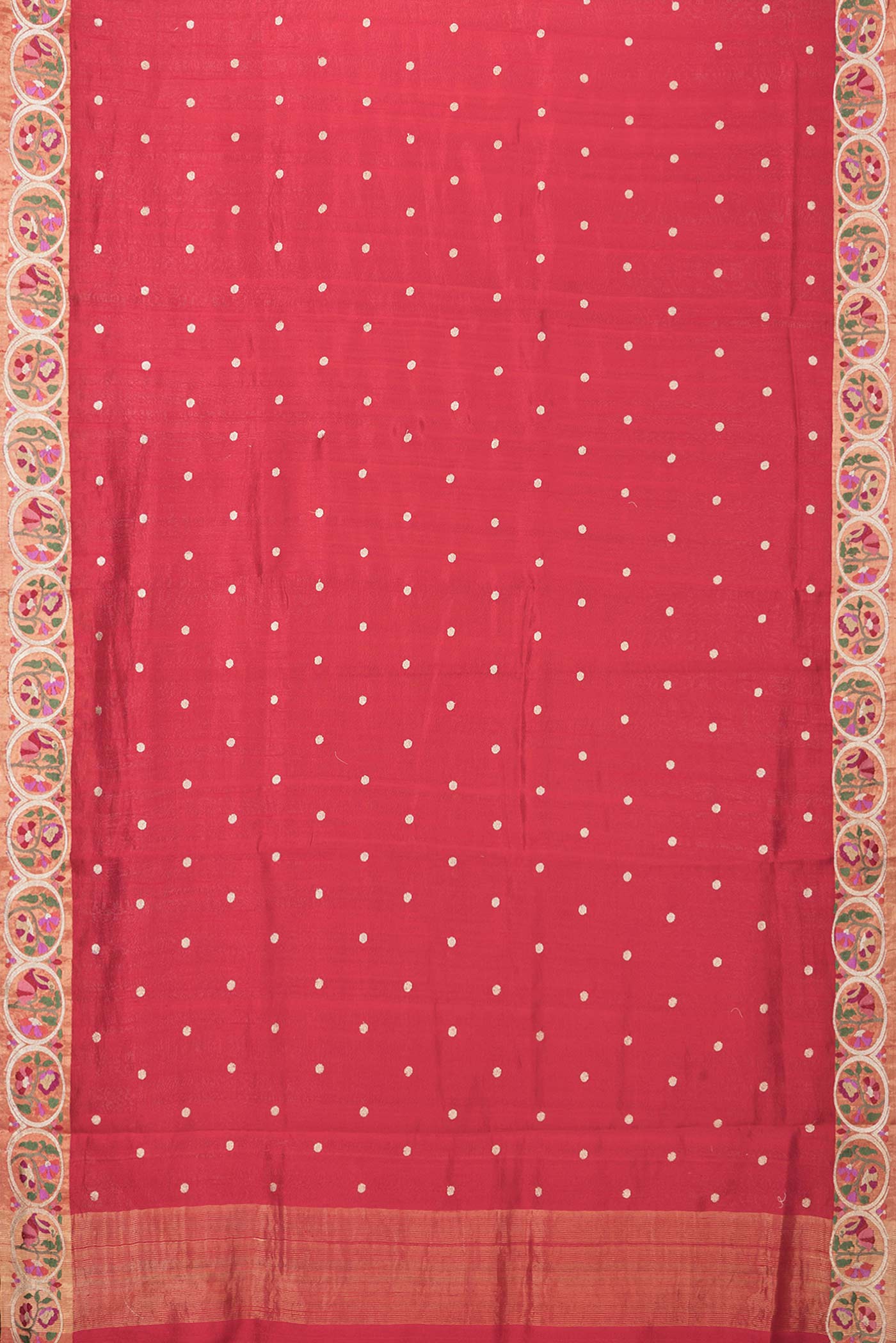 Flat view of Red Dual Tone Tussar Saree with Zari Butta on the body and Embroidery Border
