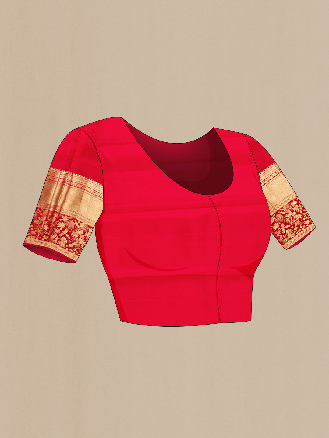 Close up image of the blouse of Red Dual Tone Kanchipuram Silk Saree with Zari Brocade on the body and Zari Border. 