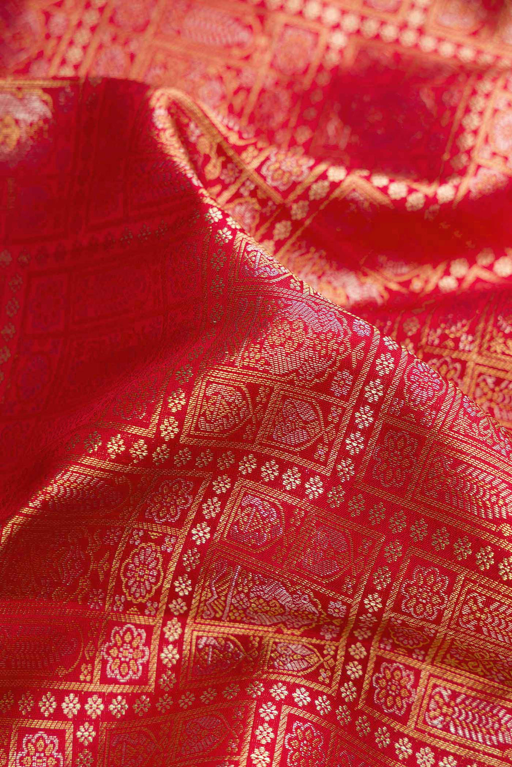 Close up of Red Dual Tone Kanchipuram Silk Saree with Zari Brocade on the body and Zari Border.  displaying folds