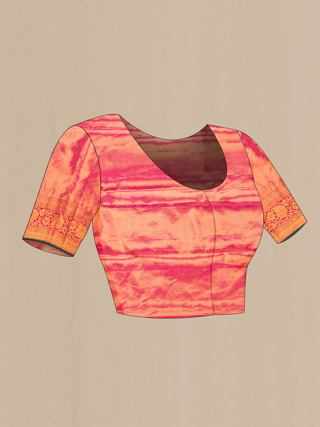 Close up image of the blouse of Dark Pink Dual Tone Kanchipuram Tissue Silk Saree with Zari Brocade on the body and Zari Border. 