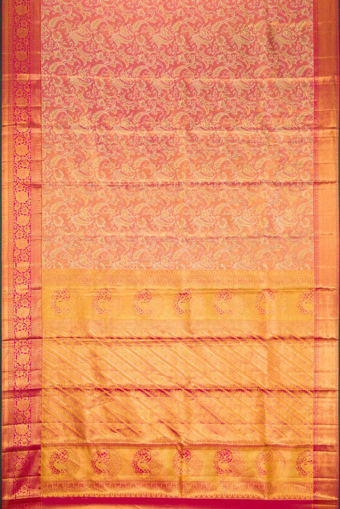 Flat view of Dark Pink Dual Tone Kanchipuram Tissue Silk Saree with Zari Brocade on the body and Zari Border. 