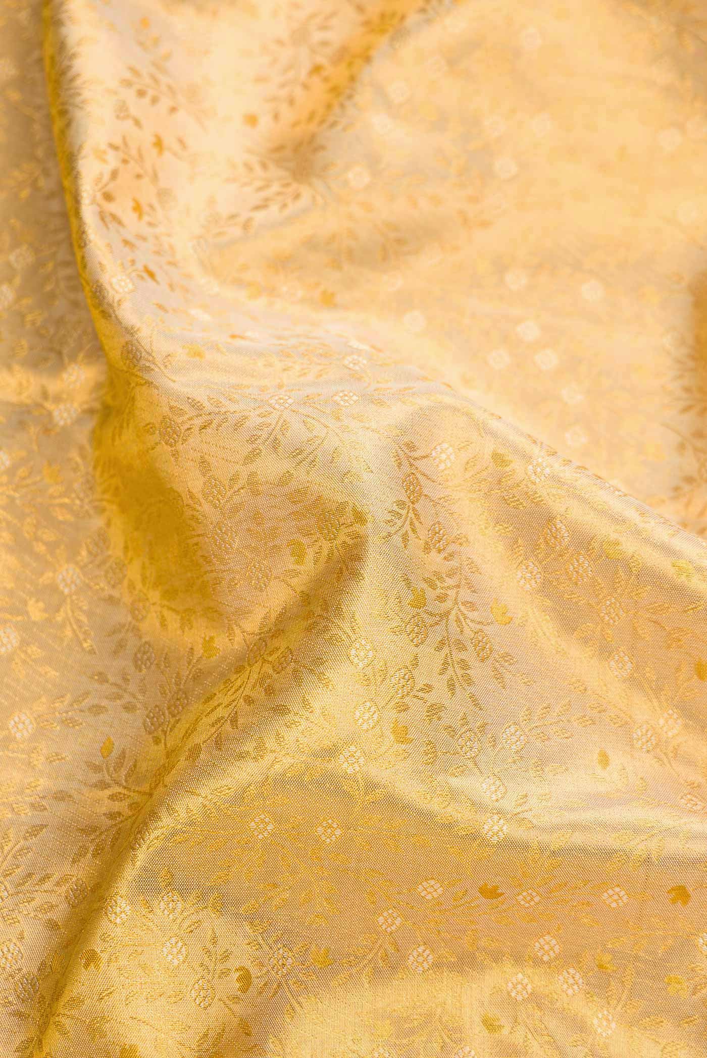 Close up of Gold Dual Tone Kanchipuram Tissue Silk Saree with Zari Brocade on the body and Zari Border.  displaying folds