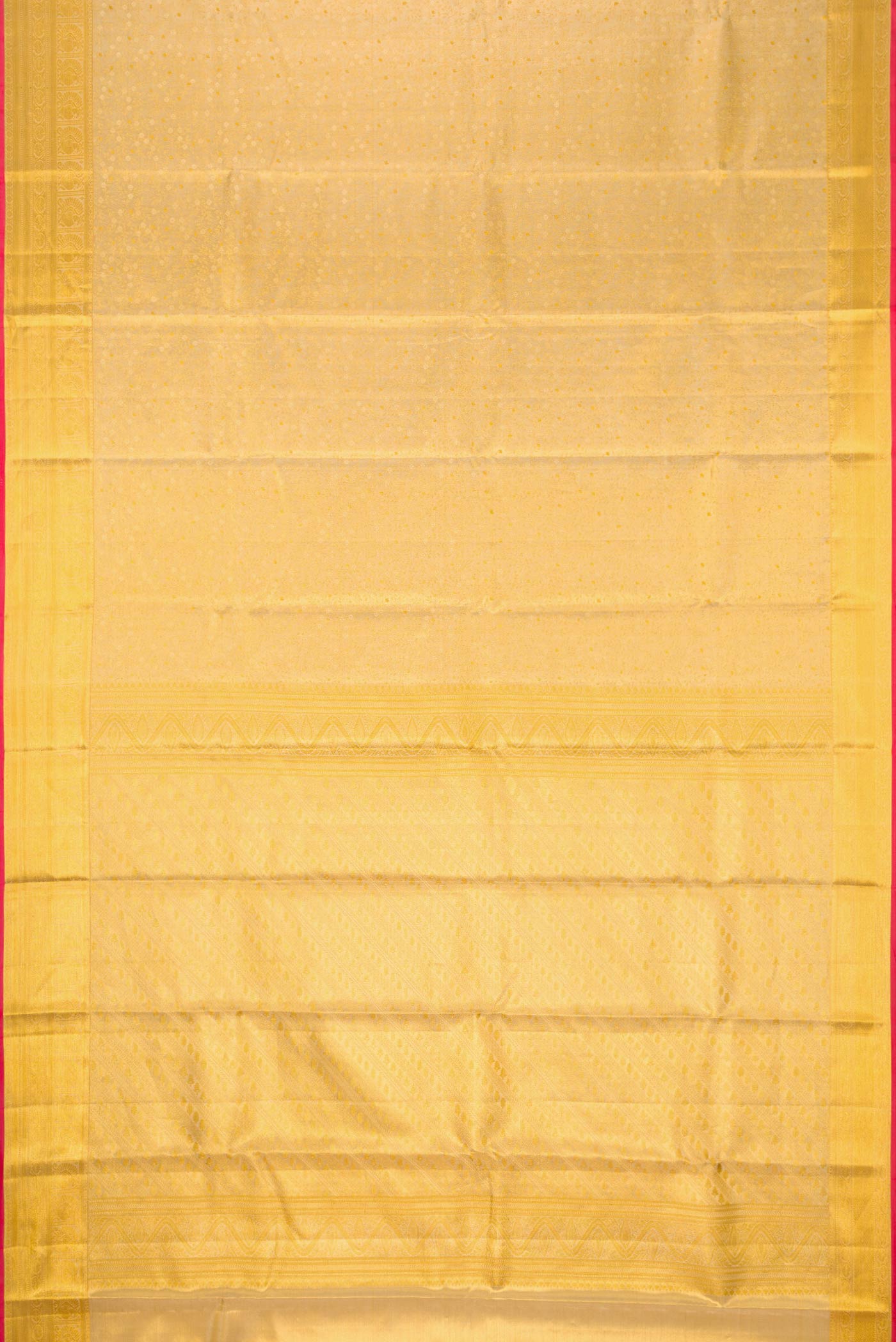 Flat view of Gold Dual Tone Kanchipuram Tissue Silk Saree with Zari Brocade on the body and Zari Border. 