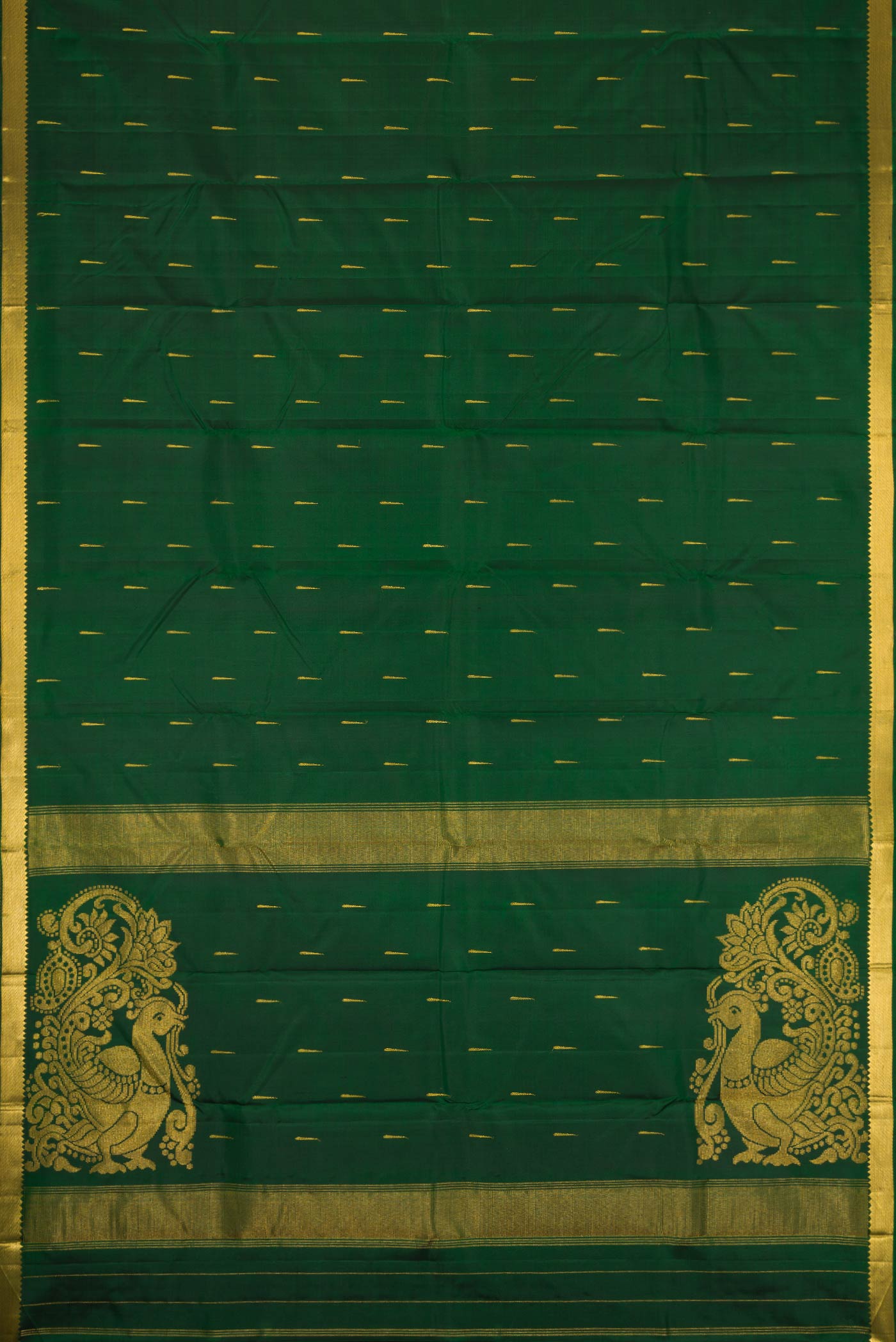 Flat view of Bottle Green Dual Tone Kanchipuram Silk Saree with Zari Butta on the body and Zari Border. 