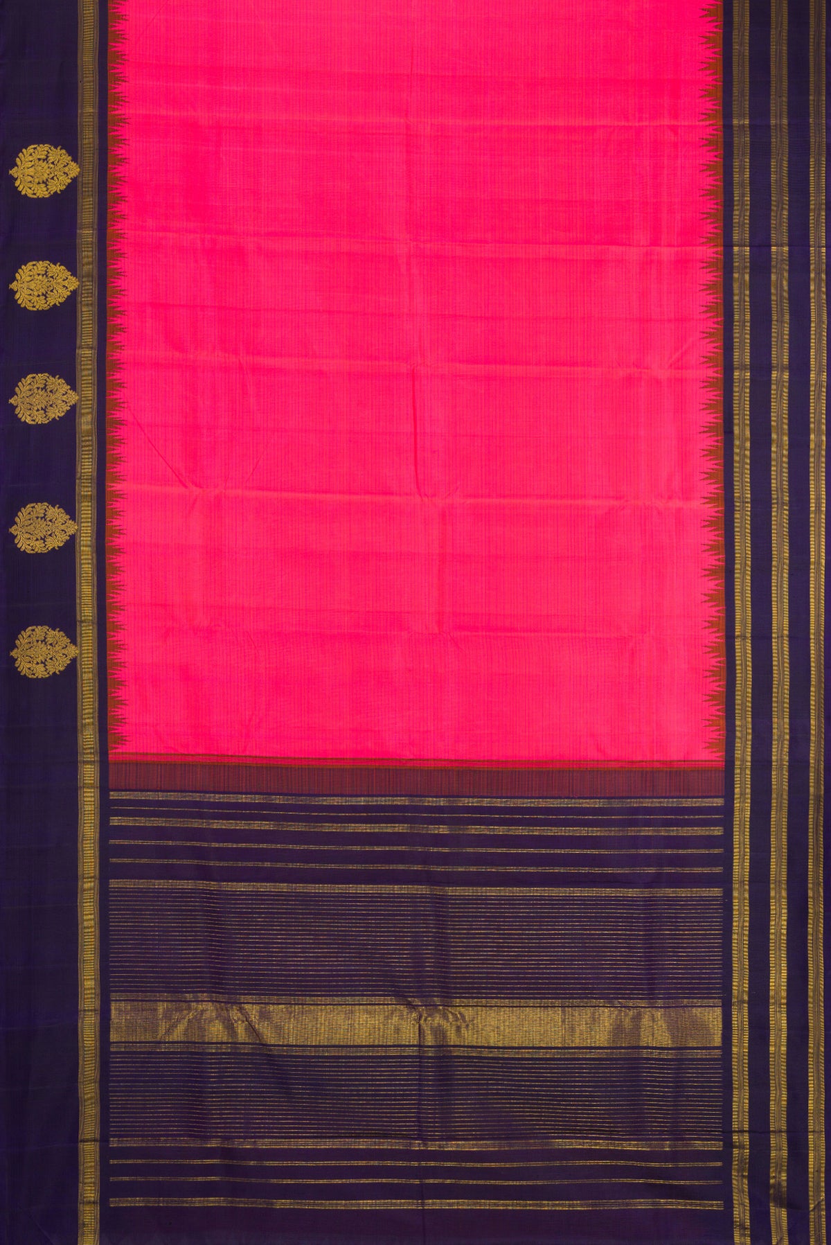Flat view of Pink Kanjivaram Silk Saree with Stripes on the body and Zari Border. 