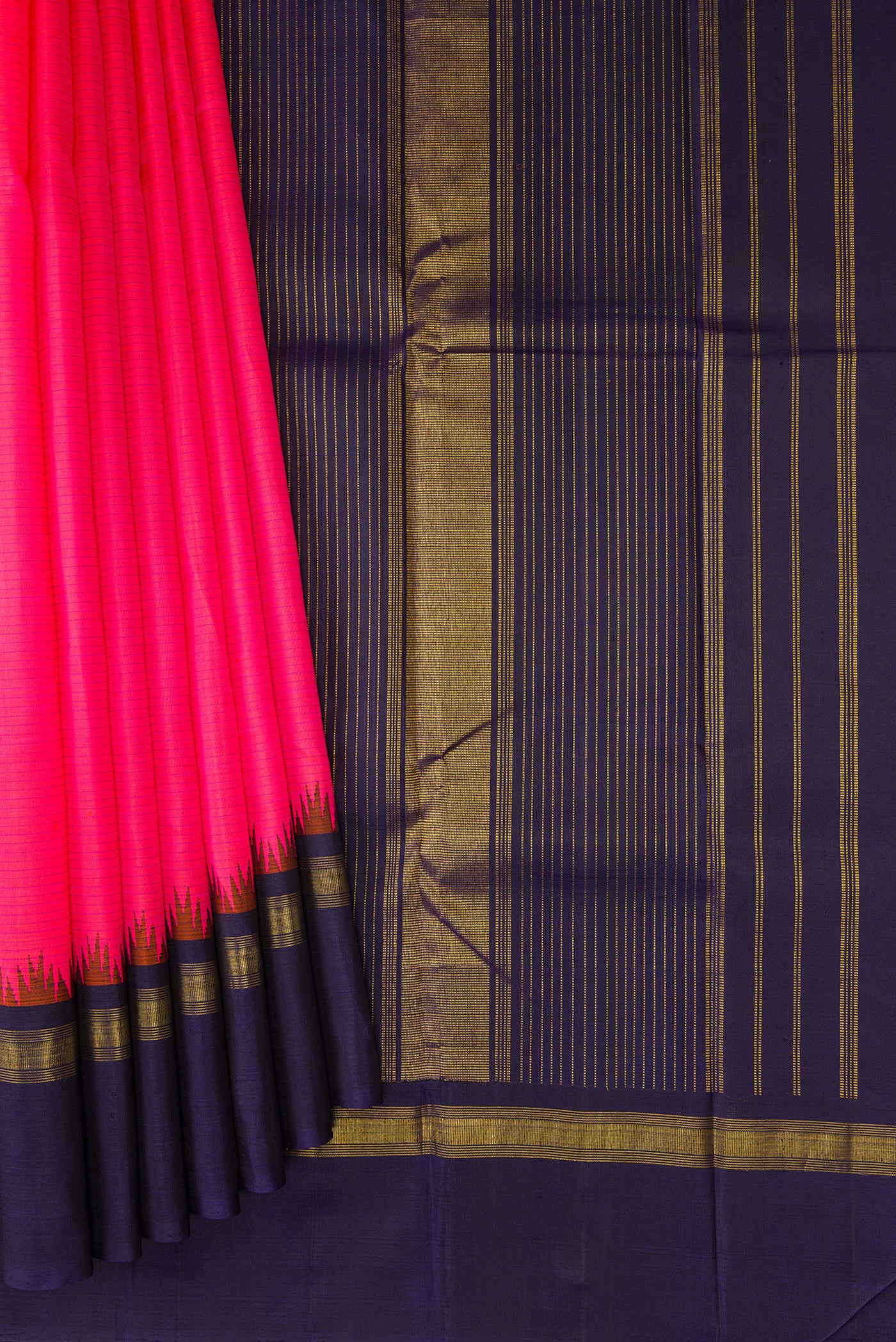 Pleats and pallu of Pink Kanjivaram Silk Saree with Stripes on the body and Zari Border. 