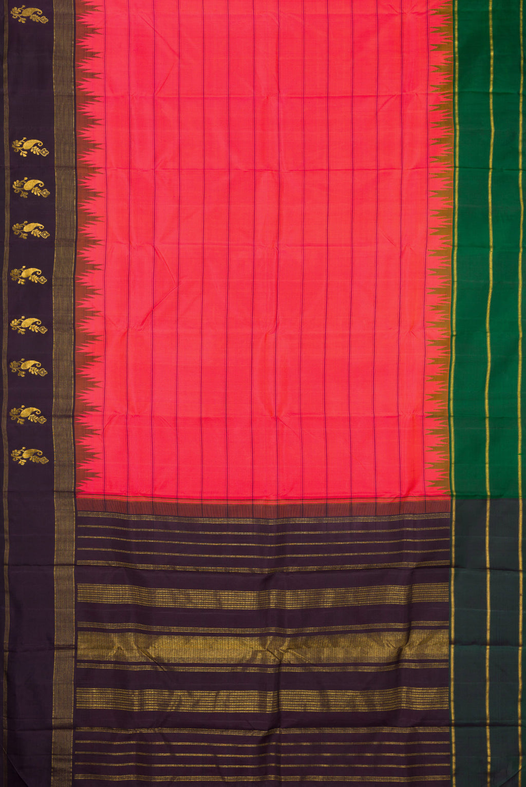 Flat view of Coral Dual Tone Kanjivaram Silk Saree with Stripes on the body and Ganga Jamuna Border. 