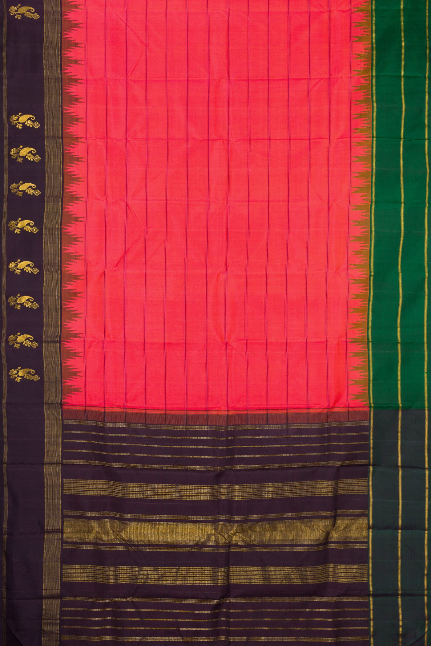 Flat view of Coral Dual Tone Kanjivaram Silk Saree with Stripes on the body and Ganga Jamuna Border. 