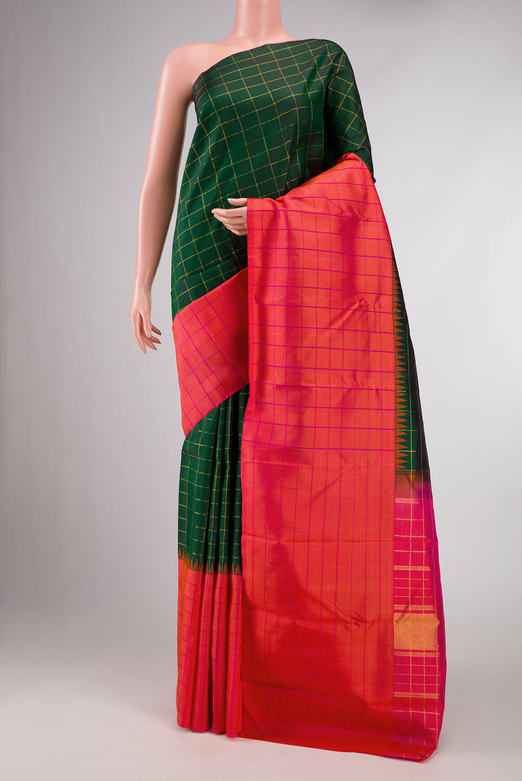 Pure Silk Pure Zari Green Dual Tone Kanchipuram Saree with Checked design on the body and Checks Border displayed on a mannequin