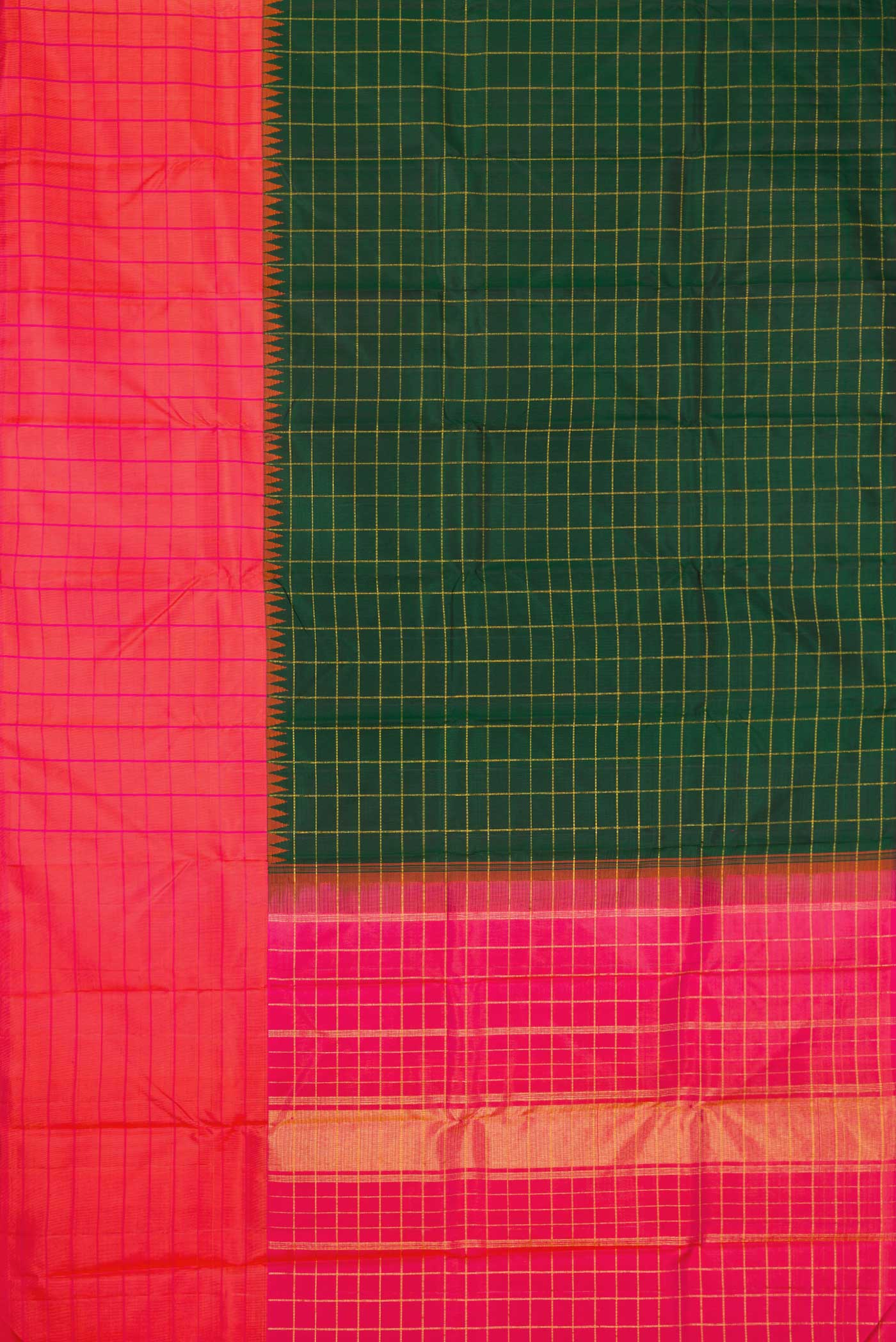 Flat view of Pure Silk Pure Zari Green Dual Tone Kanchipuram Saree with Checked design on the body and Checks Border