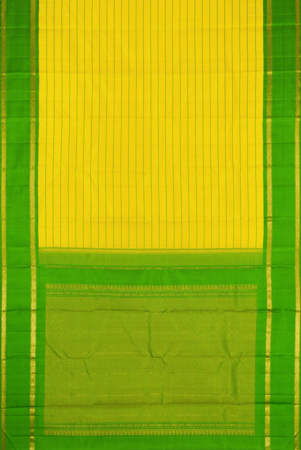 Flat view of Yellow Dual Tone Kanchipuram Silk Saree with Stripes on the body and Zari Border