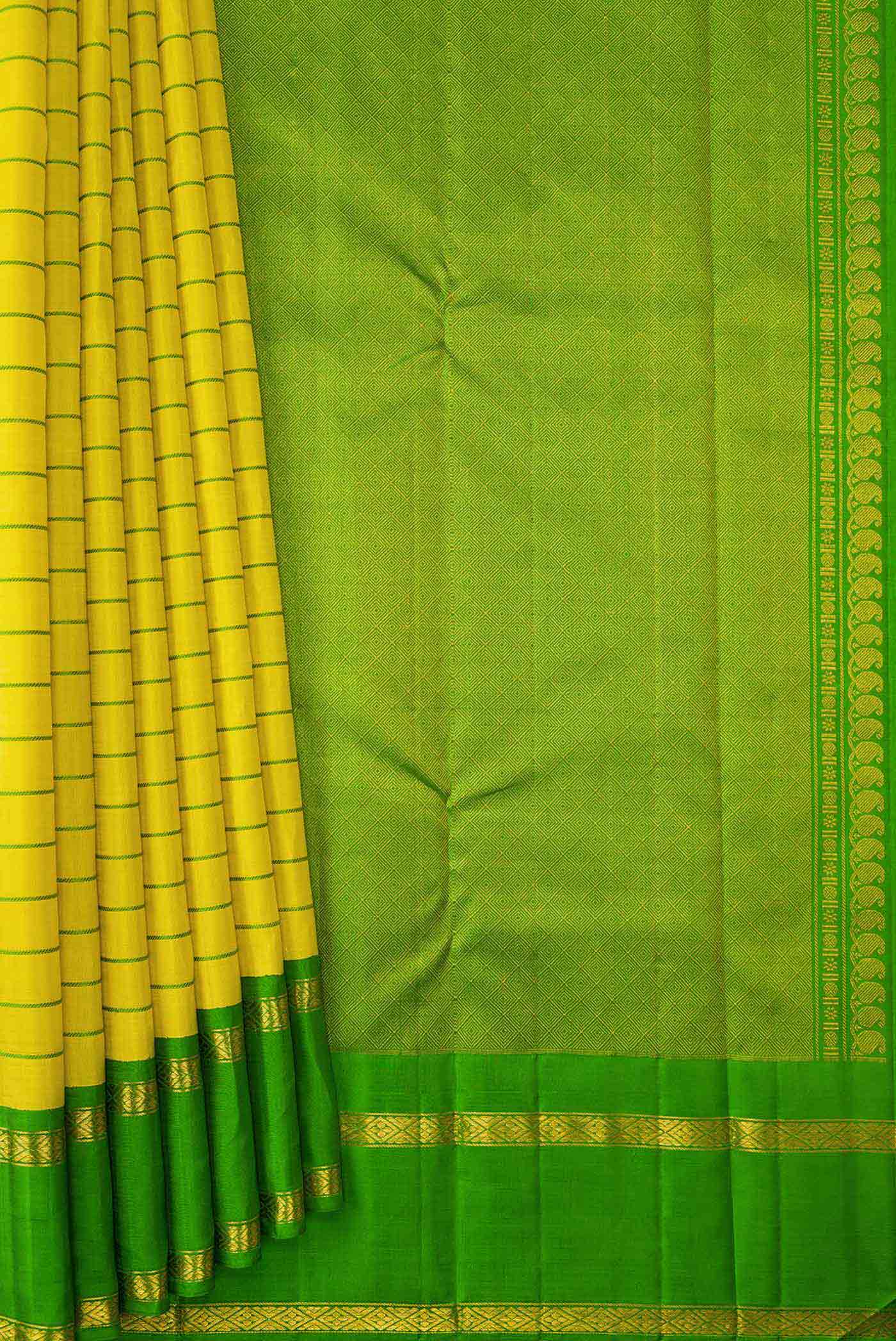 Pleats and pallu of Yellow Dual Tone Kanchipuram Silk Saree with Stripes on the body and Zari Border