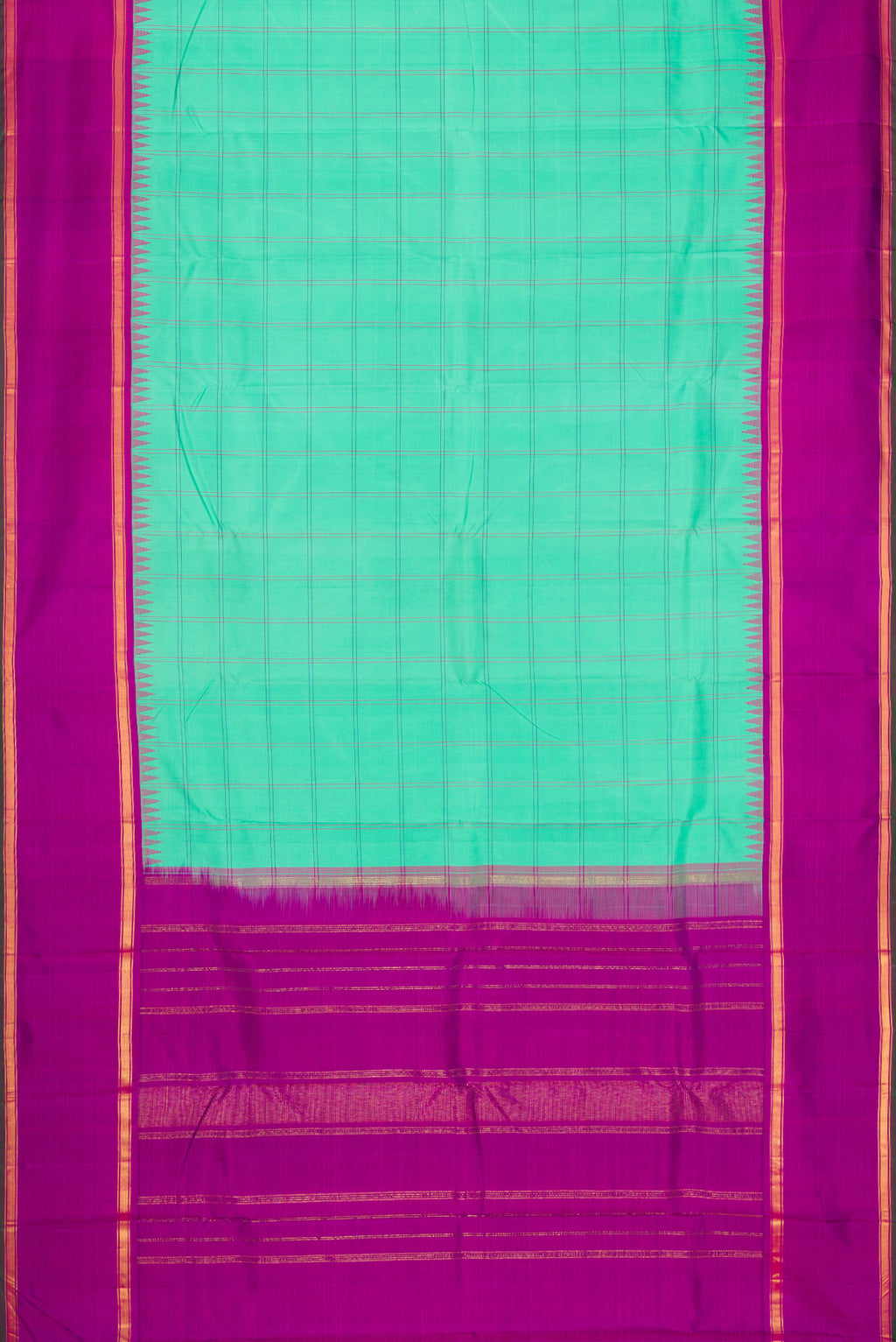 Flat view of Pure Silk Pure Zari Sea Green Dual Tone Kanjivaram Saree with Checked design on the body and Zari And Thread Border. 