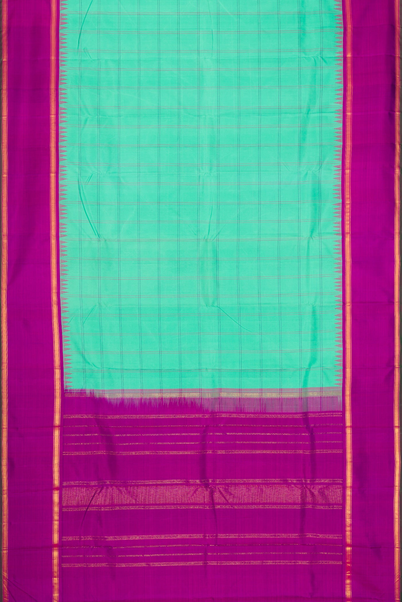 Flat view of Pure Silk Pure Zari Sea Green Dual Tone Kanjivaram Saree with Checked design on the body and Zari And Thread Border. 